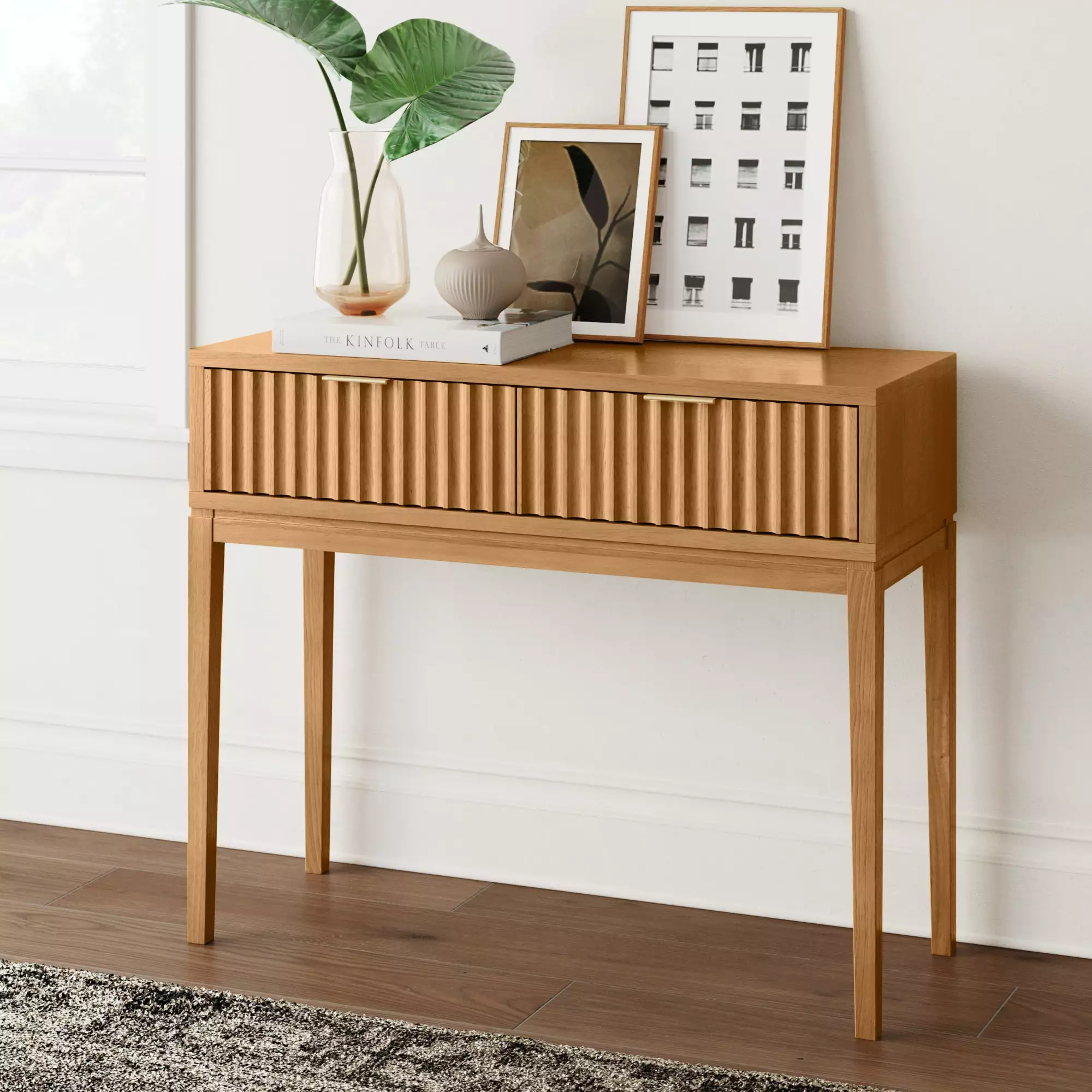 Nathan James Jasper Bohemian Hallway Table Storage Drawers Fluted Accent Table Natural Brown Console
