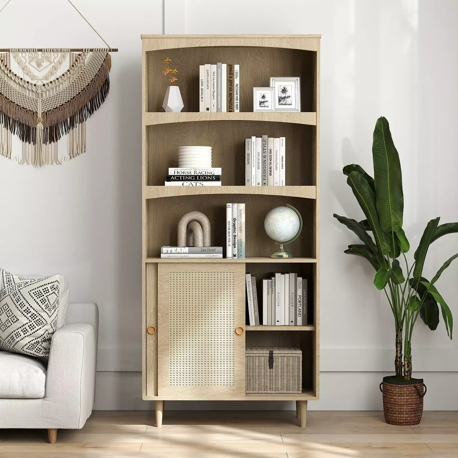 5 Tier Tall Boho Bookshelf Door Storage Adjustable Shelves Rattan Wood Book Case Farmhouse Style HD JUNTUNKOR