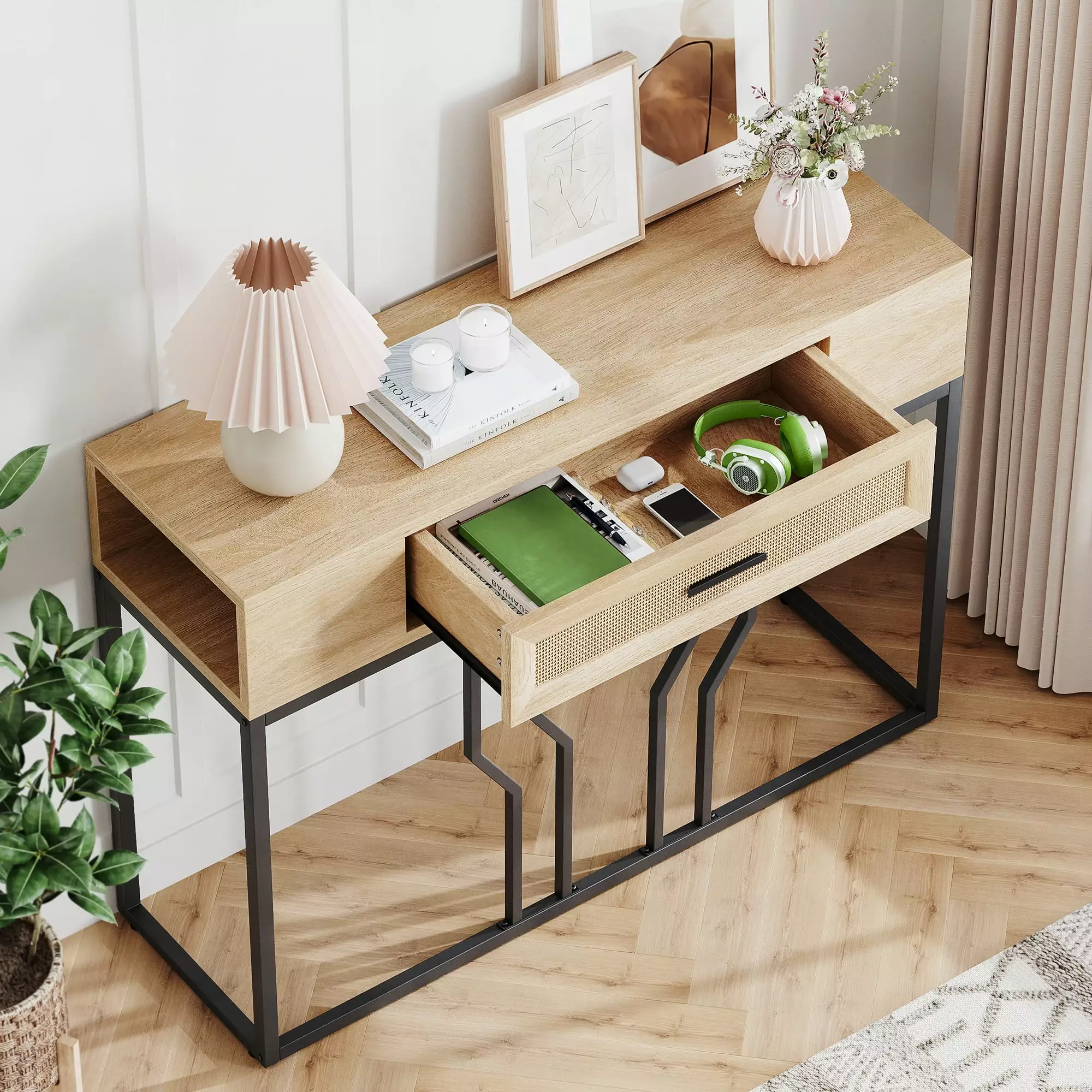 Rattan Console Table Drawer and Storage 40 Inch Behind Couch Boho Desk Living Room Console GAOMON