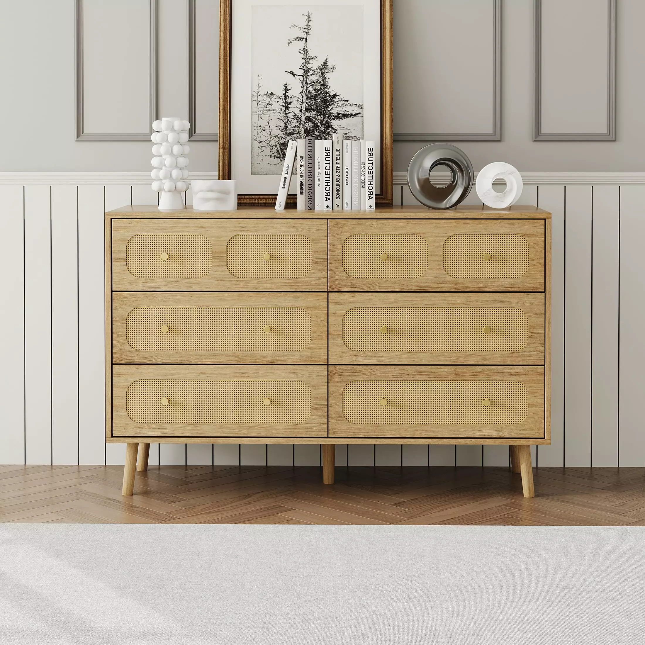 Rattan Dresser Bedroom - 6 Drawer Double Dresser Gold Handles - Boho Chest Drawers SINROM