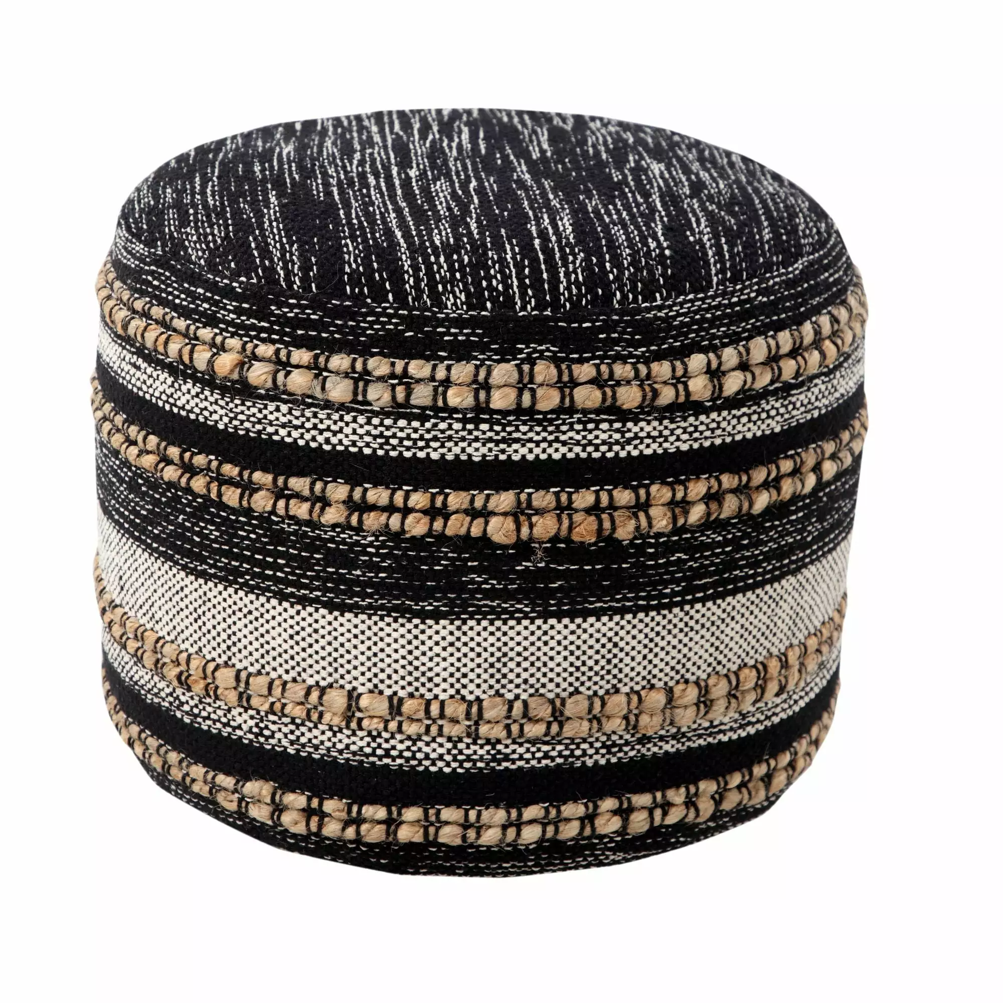 Laddha Home Designs 18 Inch Black White Boho Striped Artisan-made Round Pouf Ottoman