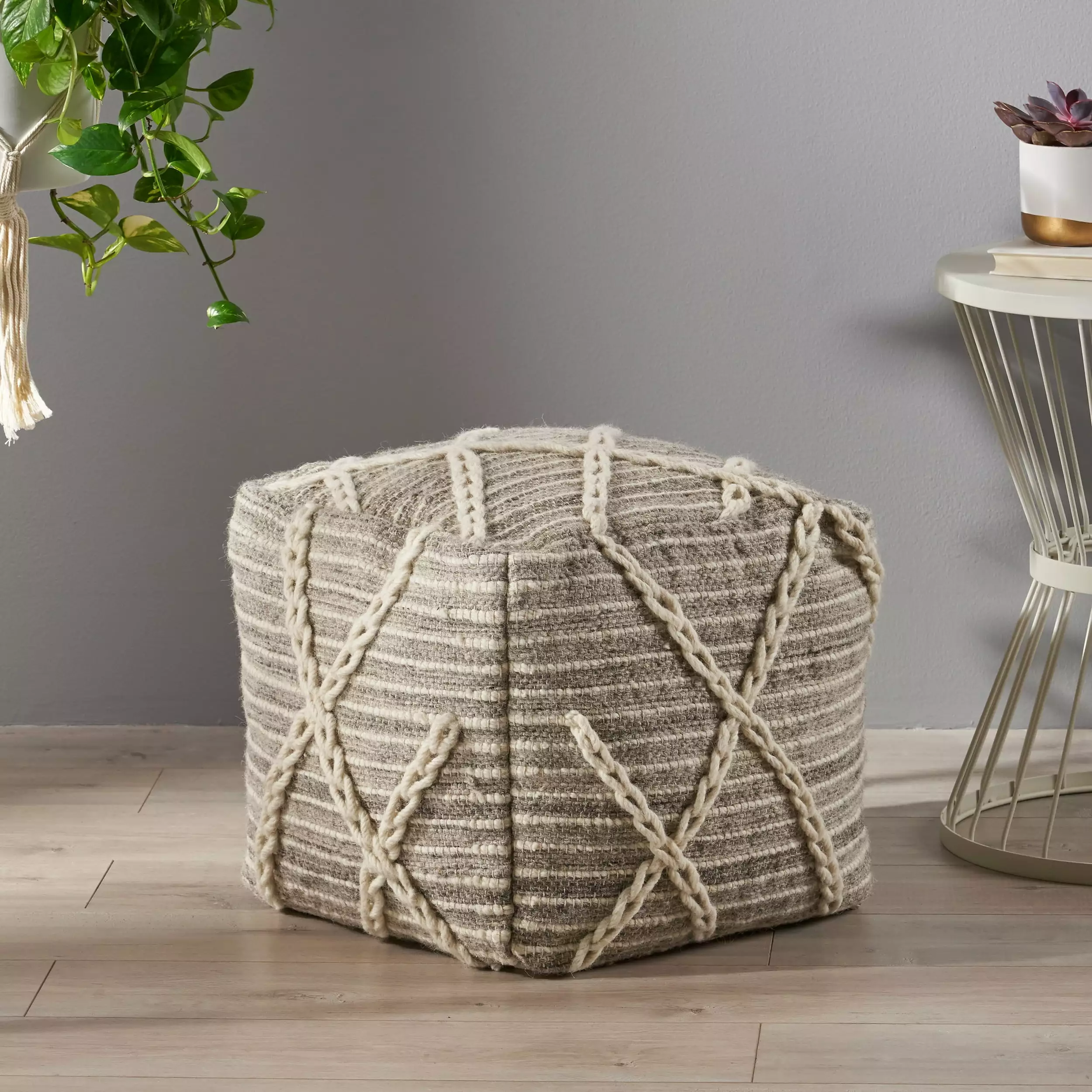 Noble Houtilize Dustin Boho Wool Pouf Ottoman Gray Ivory Handmade Footrest Noble House