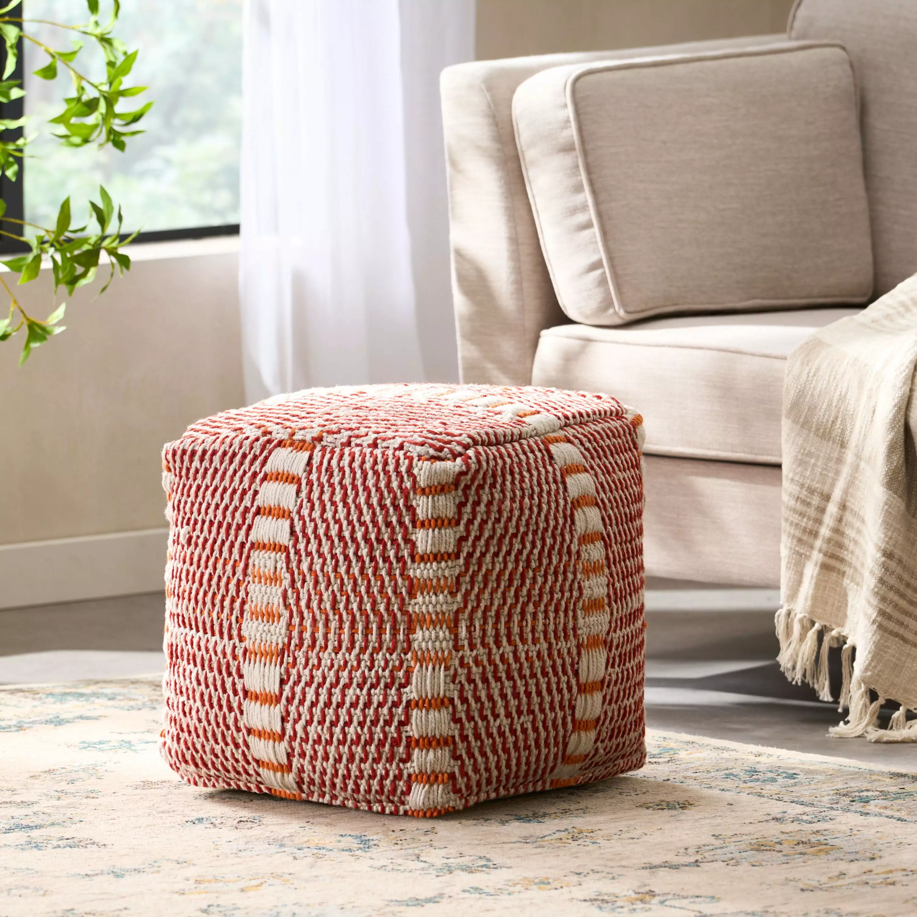 Noble Houtilize Emeric Indoor Artisan-made Boho Water Resistant Cube Pouf Red Orange Noble House