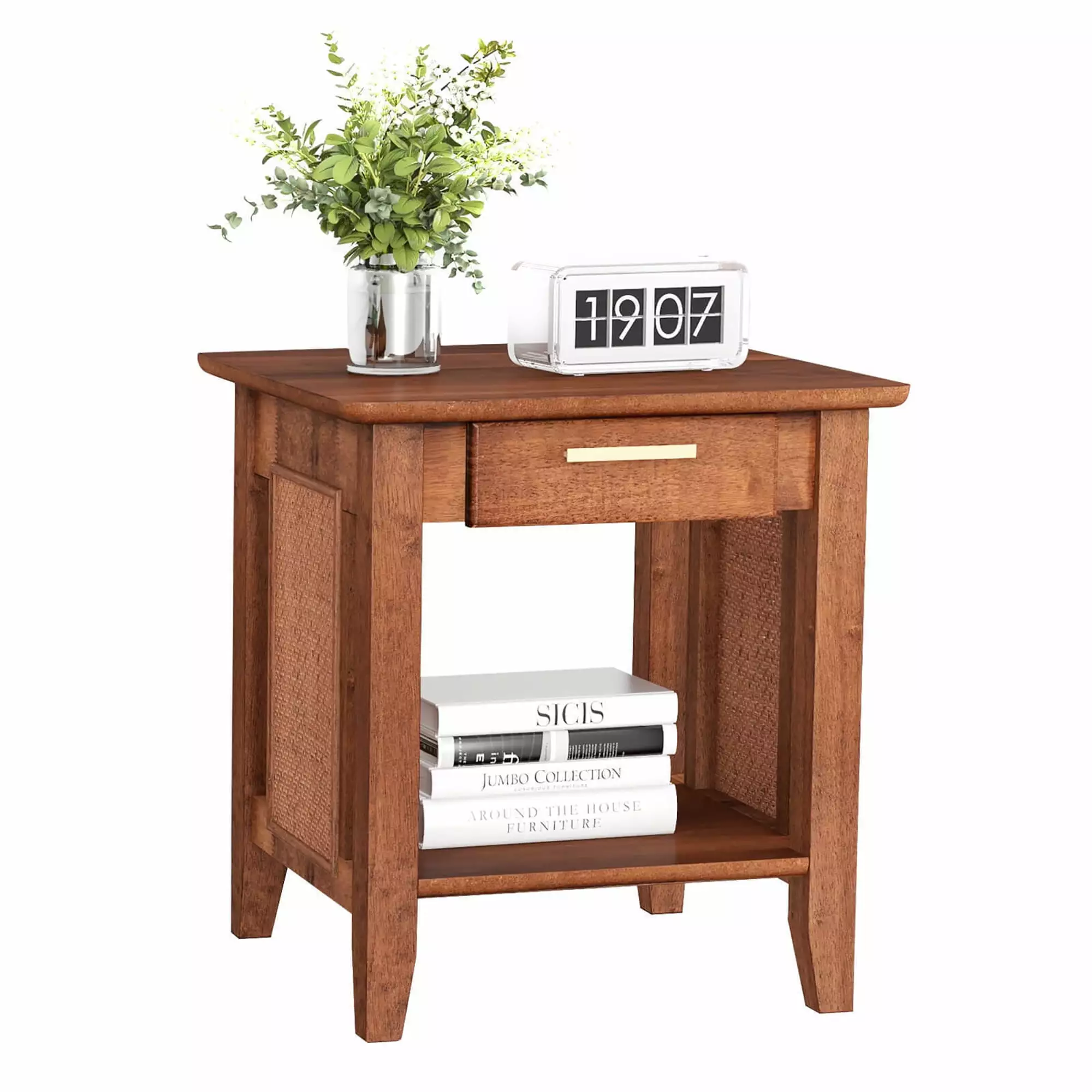 Gymax Boho Style 3-Tier Nightstand Drawer and Shelf Walnut