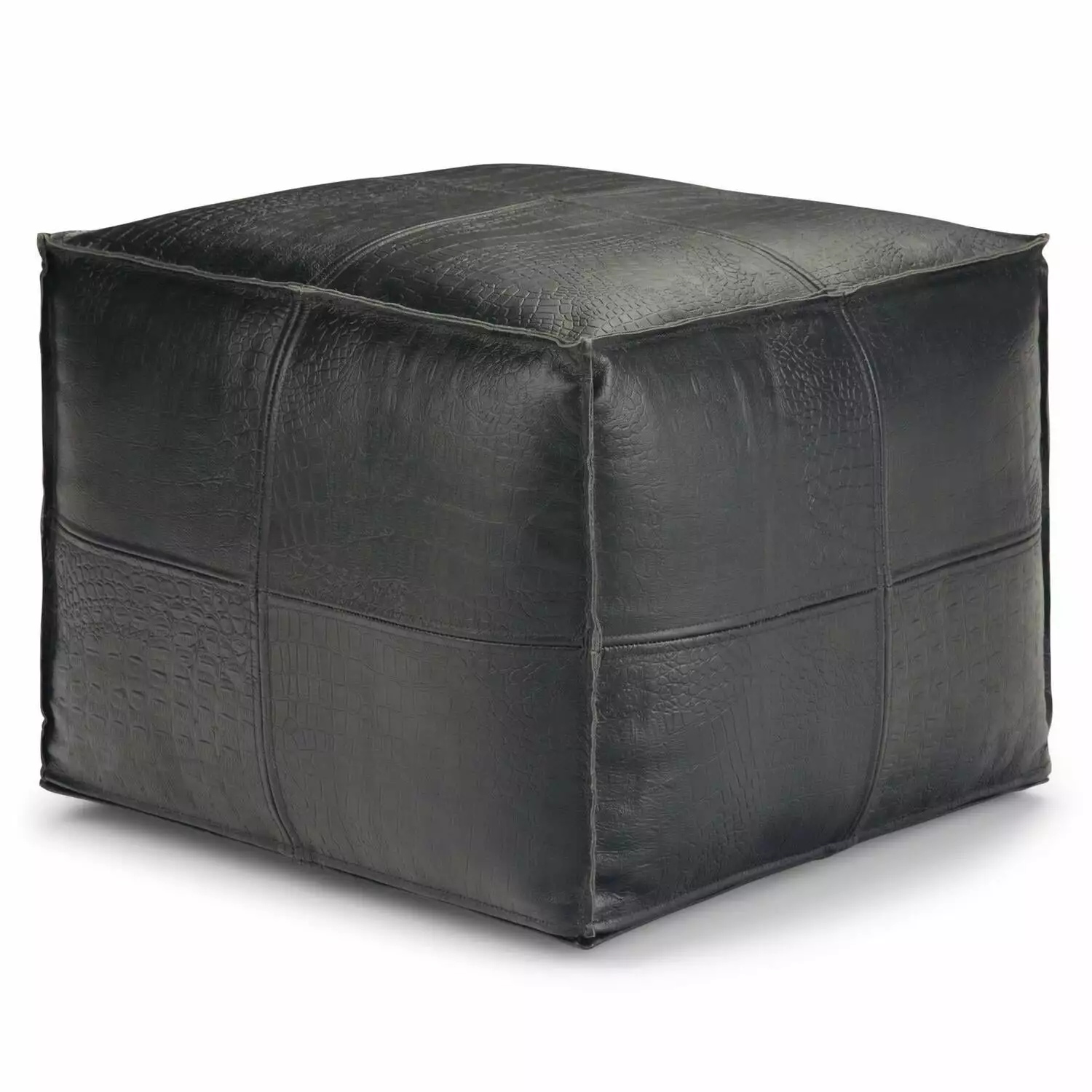 Bowen Boho Square Pouf Black Genuine Leather Simpli Home