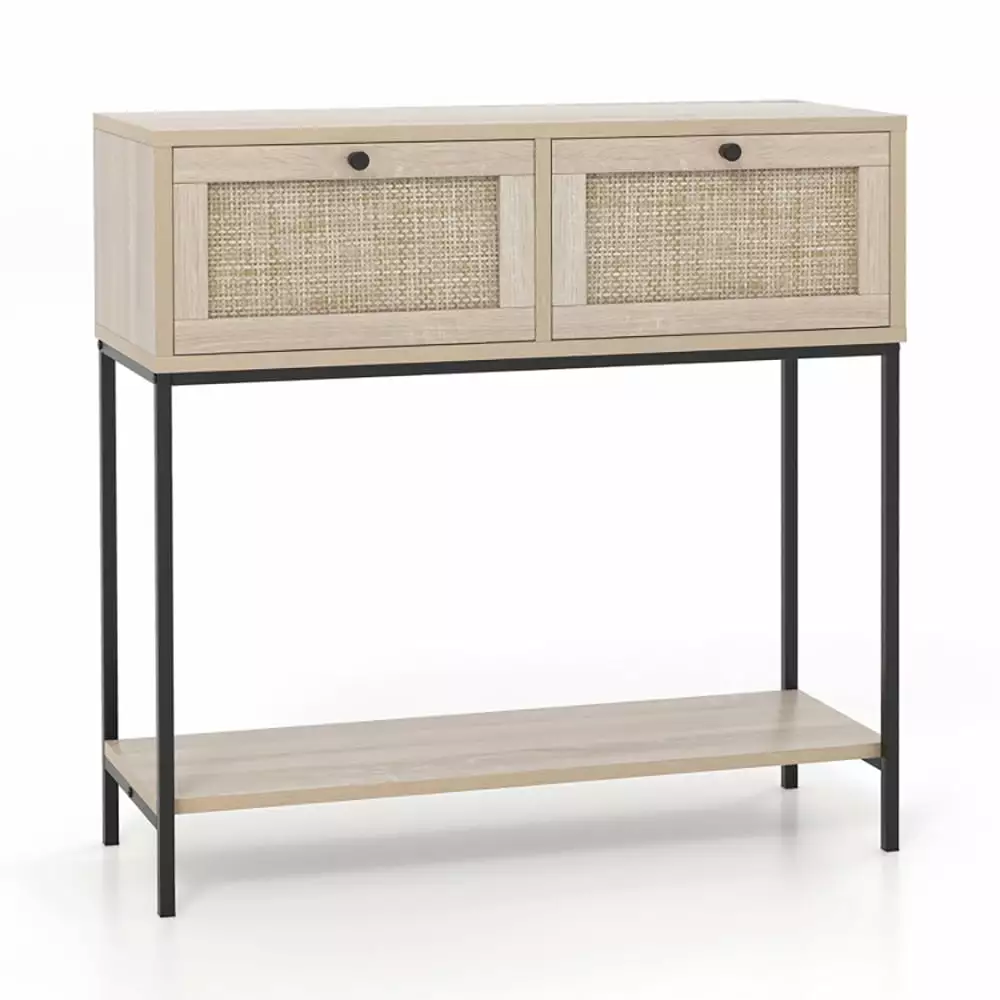 Spaco Rattan Console Table 2 Drawers and Open Shelf - Boho Entryway Hallway Table Oak Console