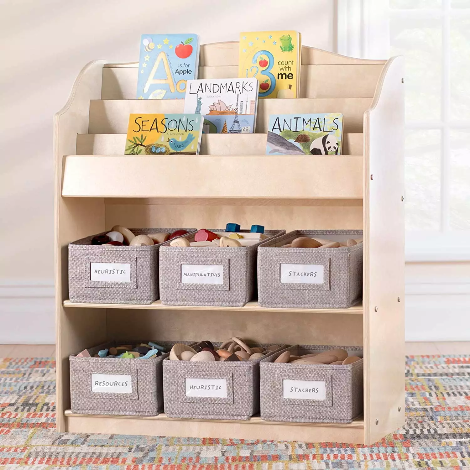 HUHAN EdQ Book and Bin Browser Natural 6 Fabric Storage Bins Toy Organizer Kids School Supply Furniture