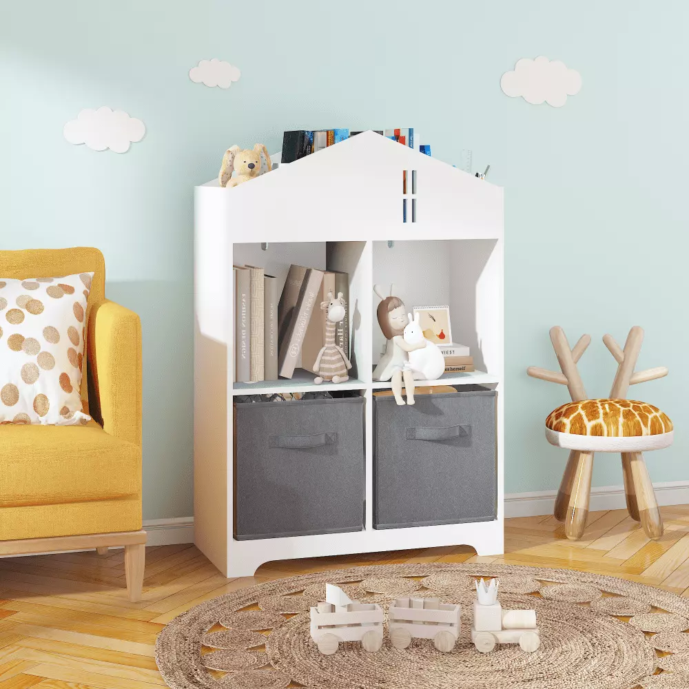 DeeHome Kids Dollhouse Bookcase Storage 2-Tier Display Organizer Collapsible Fabric Drawers