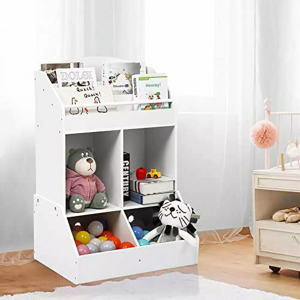 Kids Bookshelf Storage Wood Toy Organizer Bookcase Playroom Bedroom Nursery School White TeviRoom