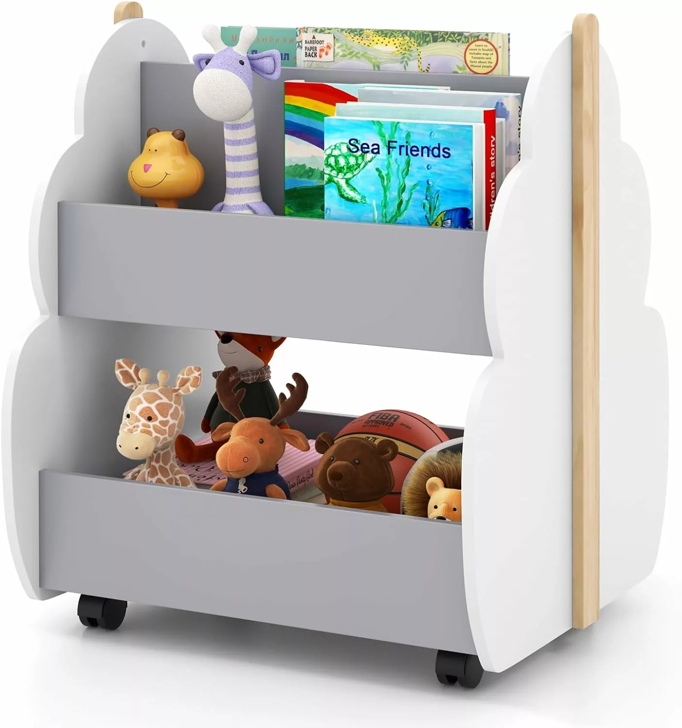 Kids Bookshelf Universal Wheels 2-Tier Toddler Book Rack Montessori Shelf Playroom Nursery WRP