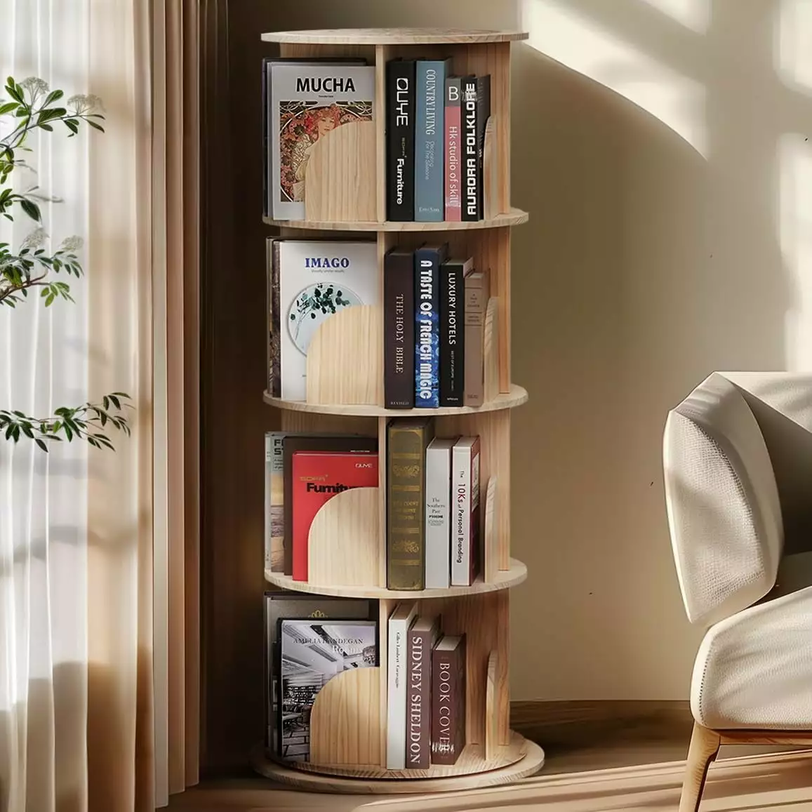 4-Tier Solid Wood Rotating Bookshelf, 360° Display Floor Standing Bookcase Kids' Room or Small Spaces YUCONG