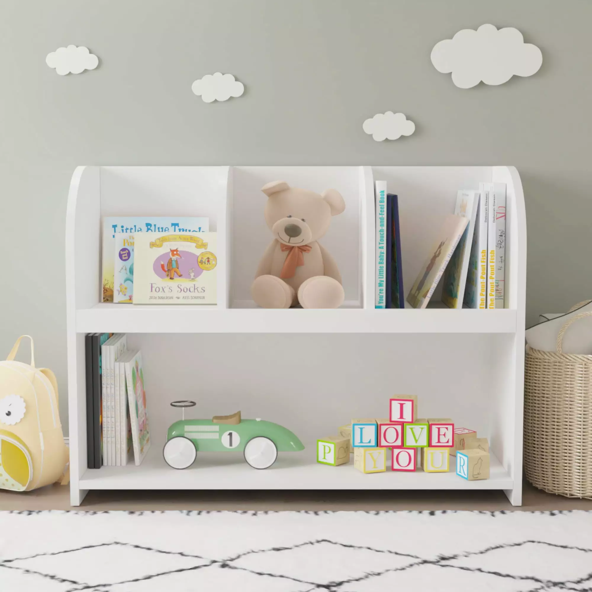 Anself Kids Bookcase 4 Compartments Storage Book Shelf Toy Organizer Playroom Nursery