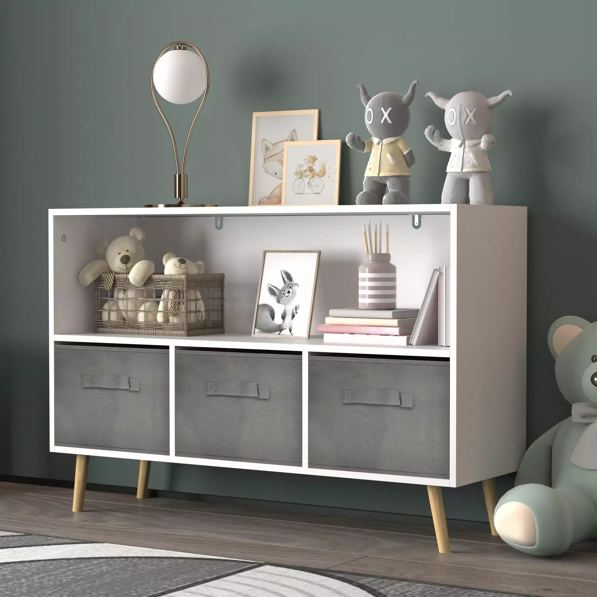 Kids Bookcase Fabric Drawers Book Display Toy Storage Organizer White Gray Space-Saving Fencia