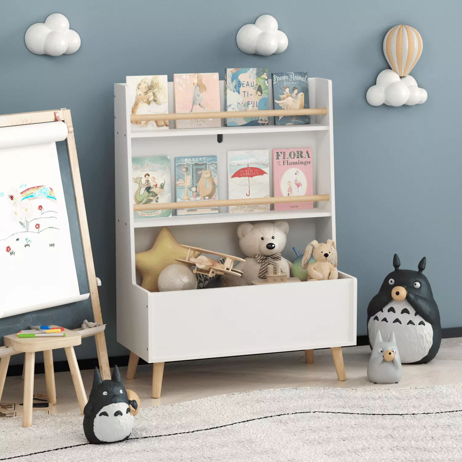 Kids Bookshelf Toy Storage Bin High-Quality MDF Board Pine Wood Legs Safe Design GUTALOR