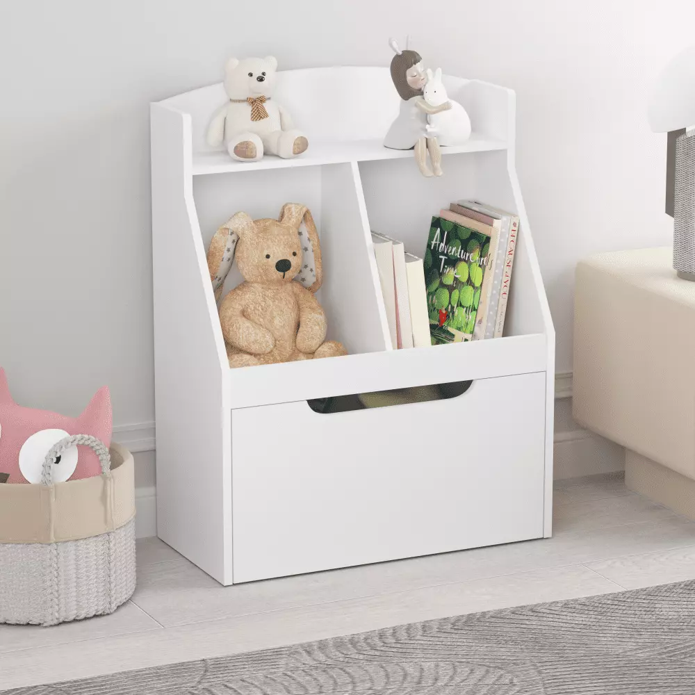 Kids Bookshelf Drawer and Wheels Children's Book Display Wooden Bookcase Toy Storage Cabinet Organizer White Hmluxury