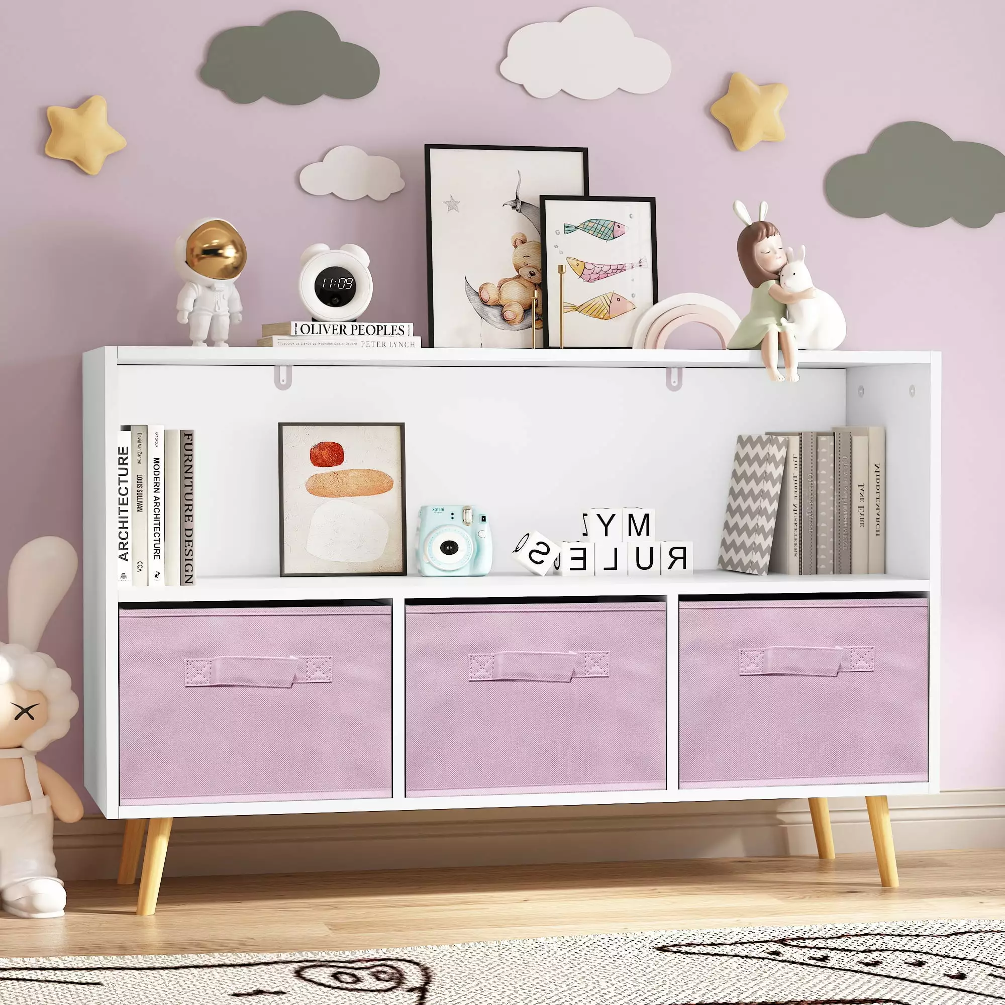 Kids Bookcase Collapsible Fabric Drawers Toy Storage Organizer White Pink Perfect Girls Icarekit