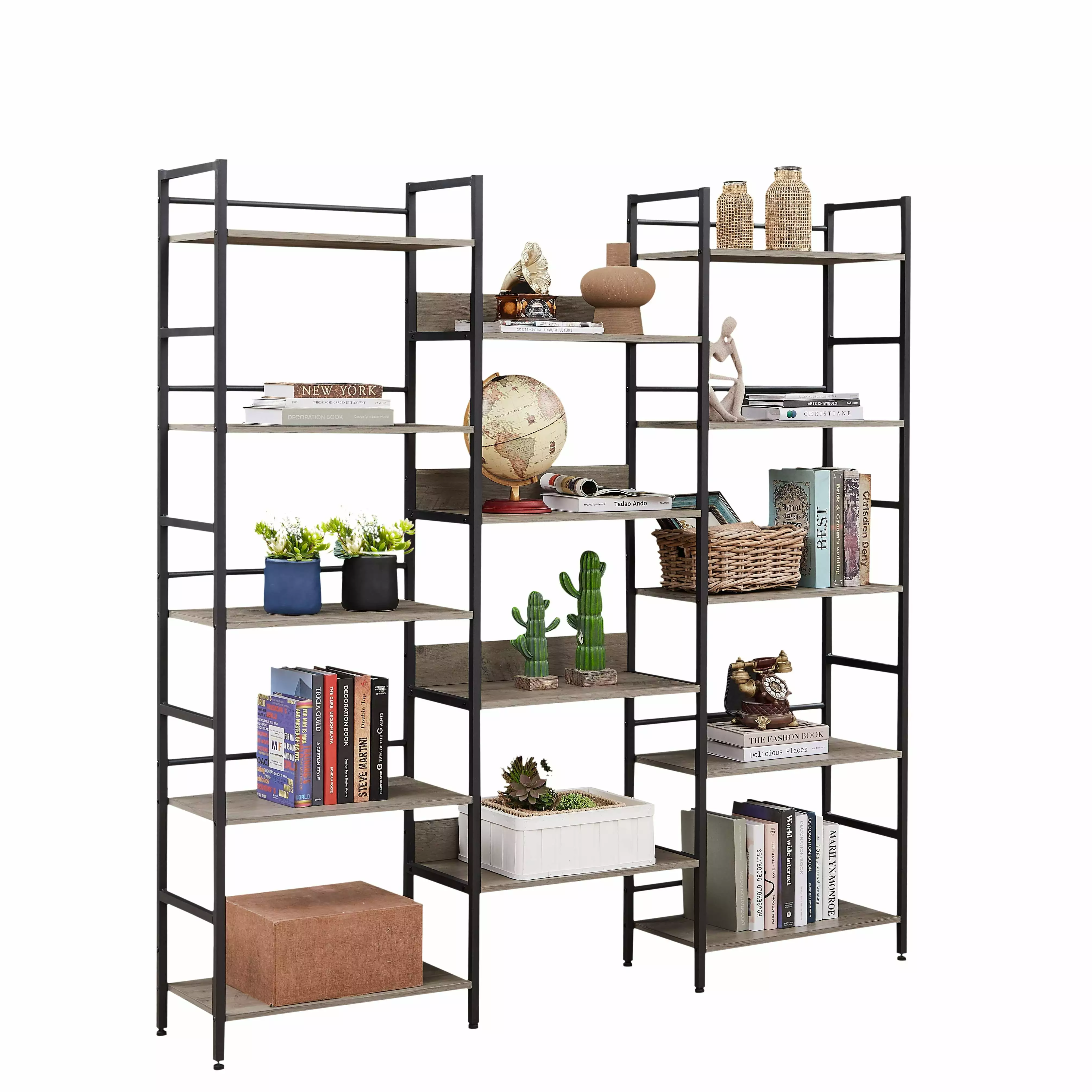 Llinc Store 69.3 Tall Triple Wide 5-shelf Bookshelves Industrial Kids Bookshelf Retro Wooden Style Home and Office Large O...