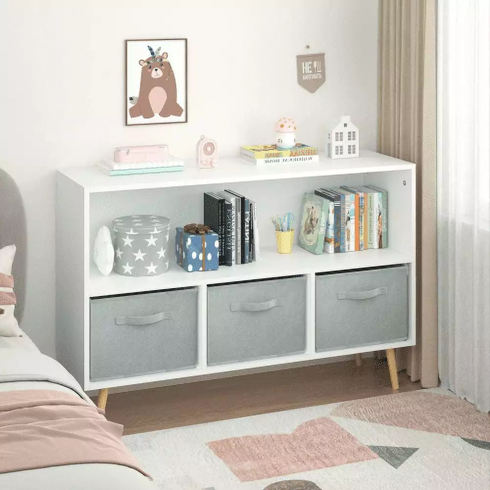 Kids Bookcase Collapsible Fabric Drawers Toy Storage Organizer White Gray Children's Book Display NOBRAND