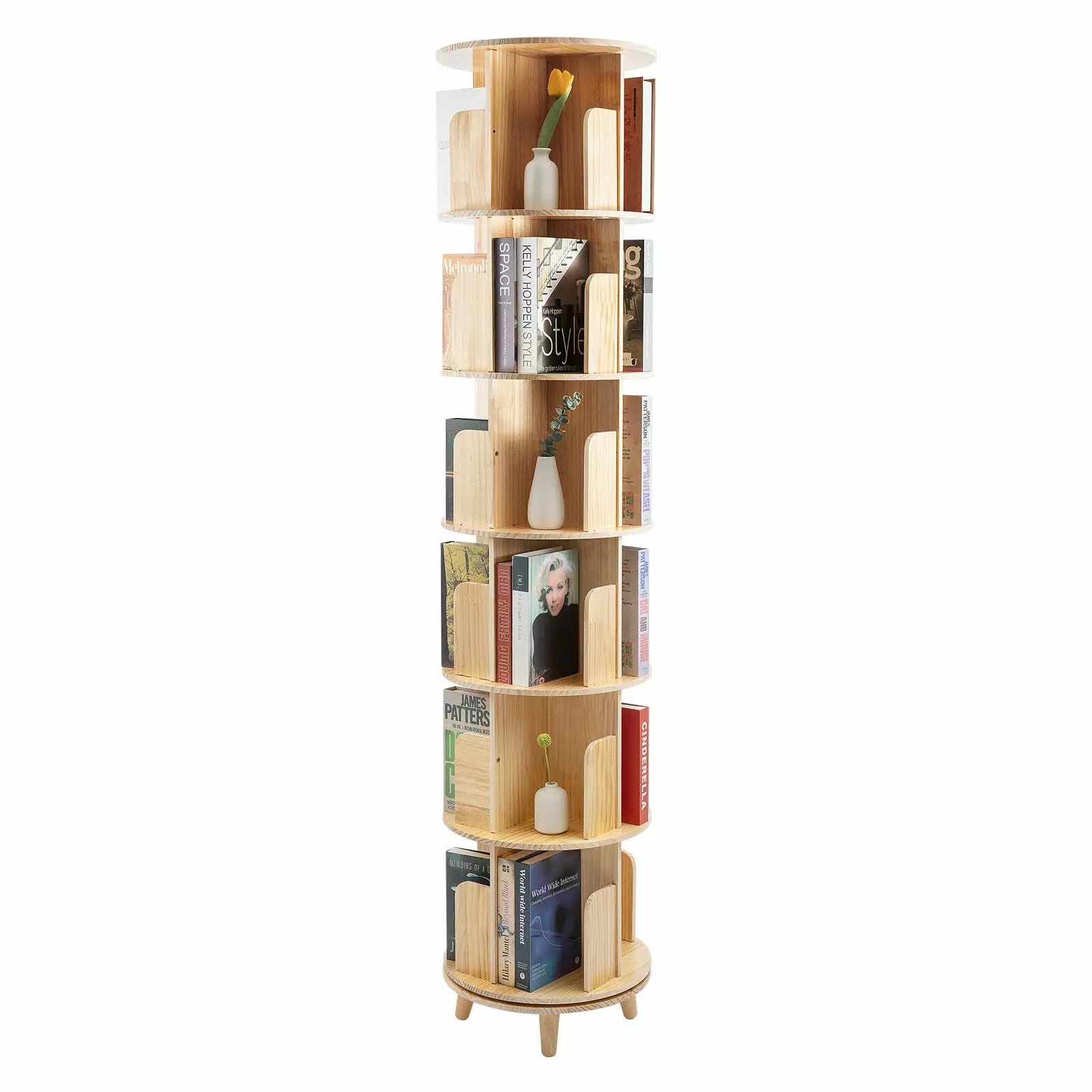 6-Tier 360 Rotating Bookshelf Display Floor Standing Tall Bookcase Organizer Rack Wood Shelving Unit Office Living Room un...