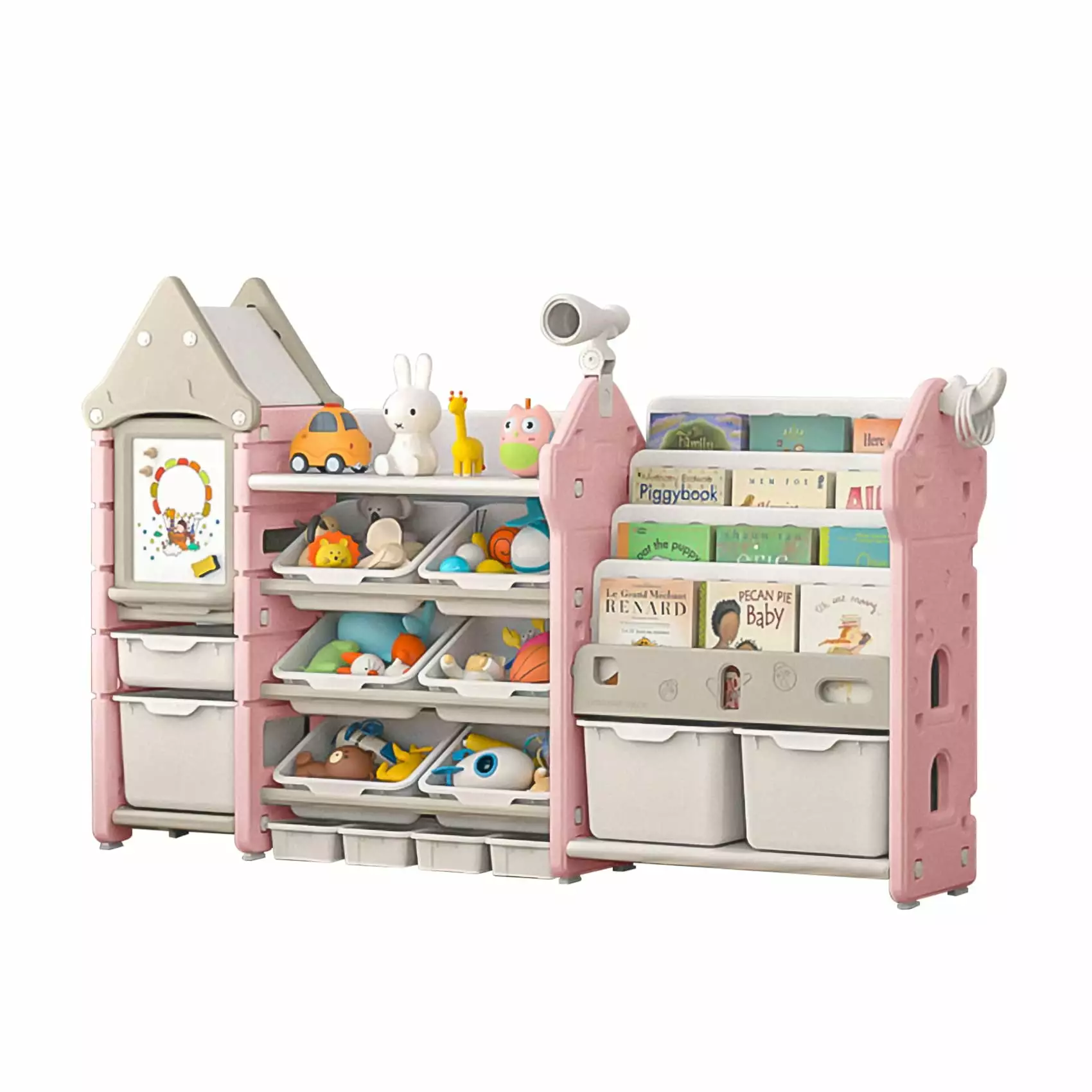 UNICOO Kids Toy Storage Organizer and Children Bookshelf 14 Bins Pull-Out Drawers Multipurpose Shelf Magic Castle Pink