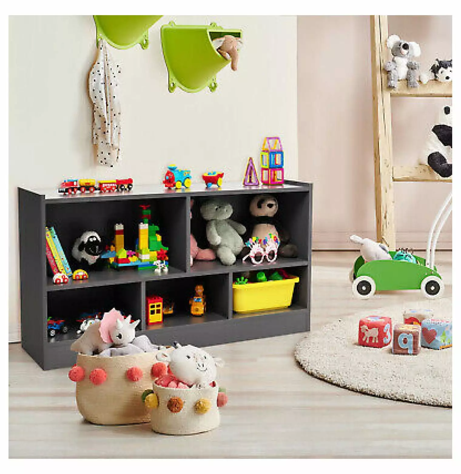WANCQ Kids 2-Shelf Bookcase 5-Cube Wood Toy Storage Cabinet w/ Shelves Grey