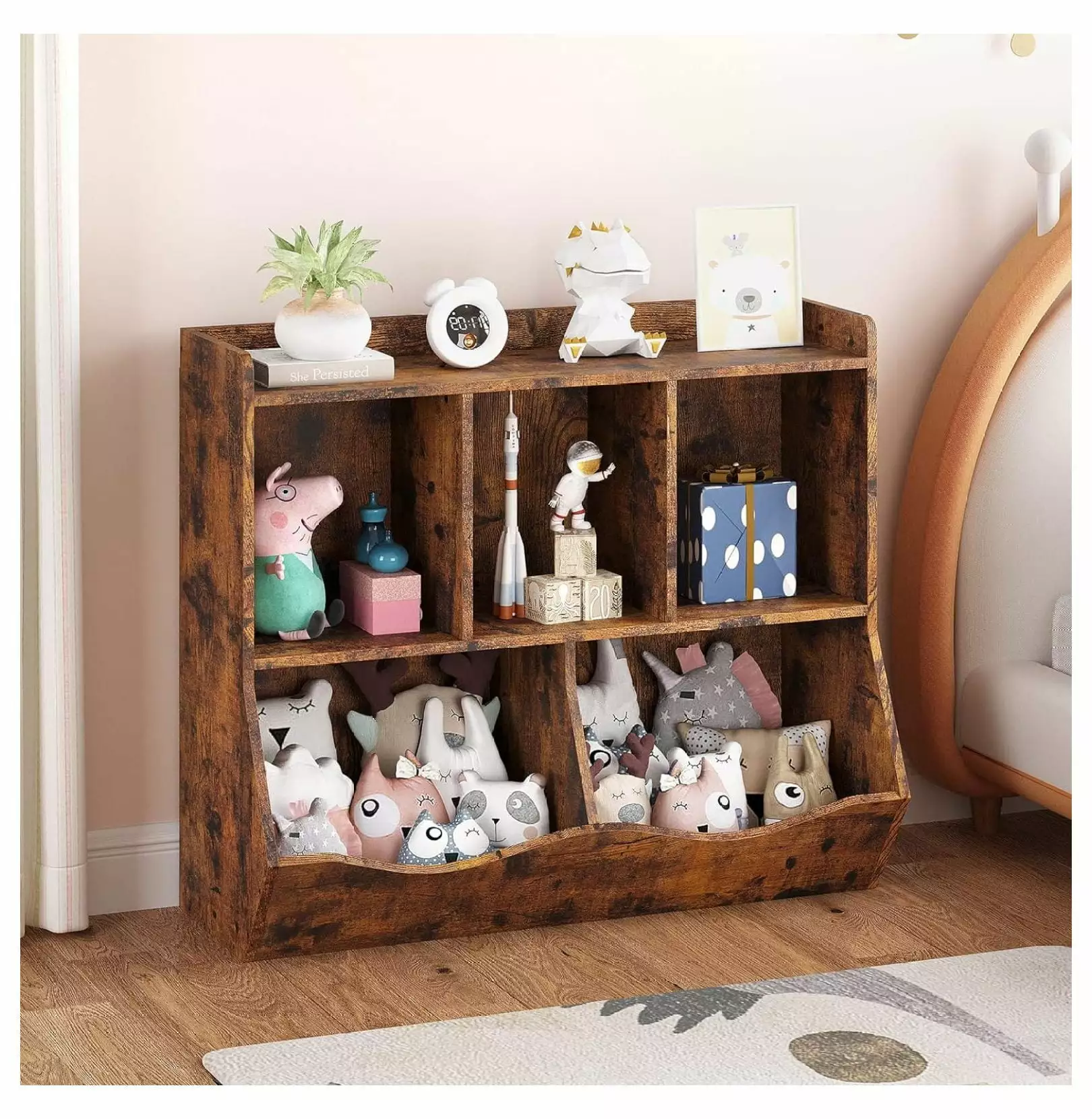 Kids Bookshelf and Bookcase Toy Storage Multi Shelf Cubby Organizer Rustic Brown ZHOUJIA