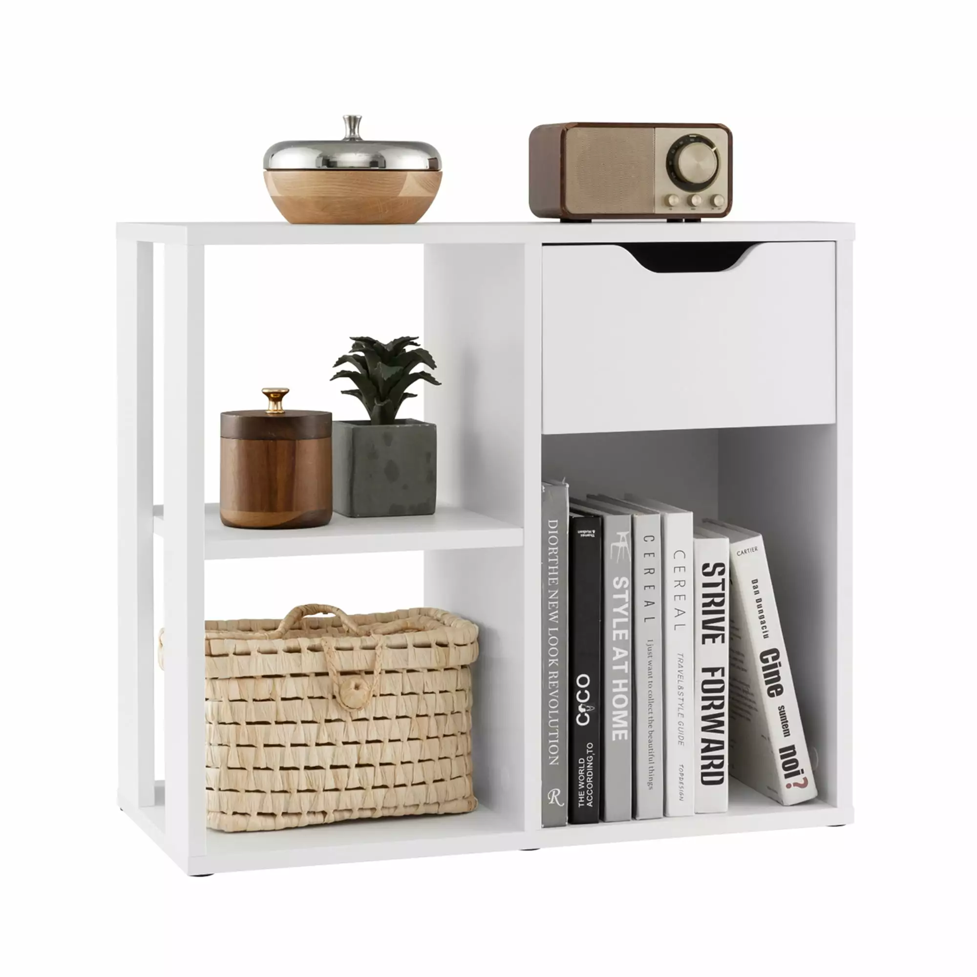 Costway 3-Cube Bookcase Organizer Wooden Storage Shelf and Pull-out Drawer