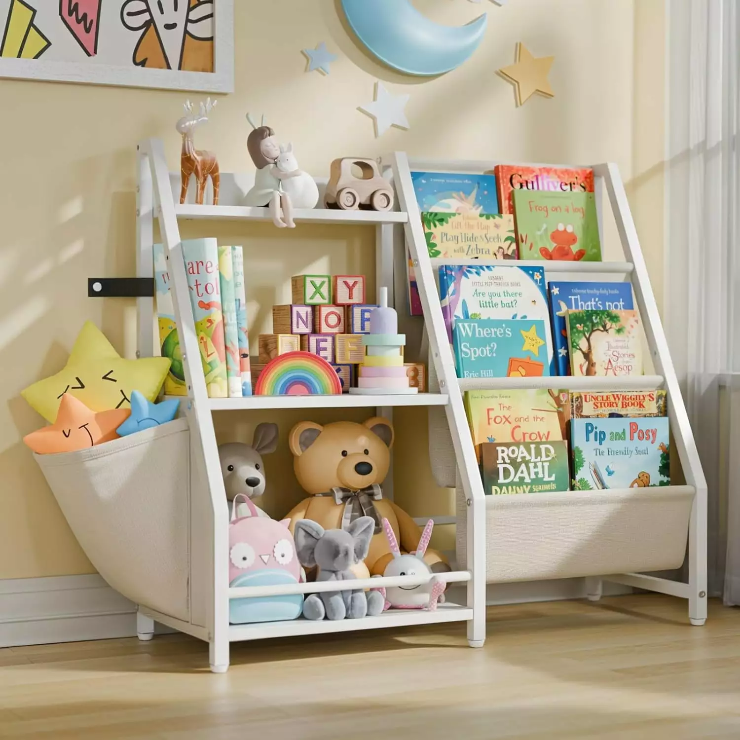 Versatile Kids Bookshelf White 3-Tier - Wood Toy Storage 32.8x11.8x29.5in Toddlers Organization Shelf Binkmagio