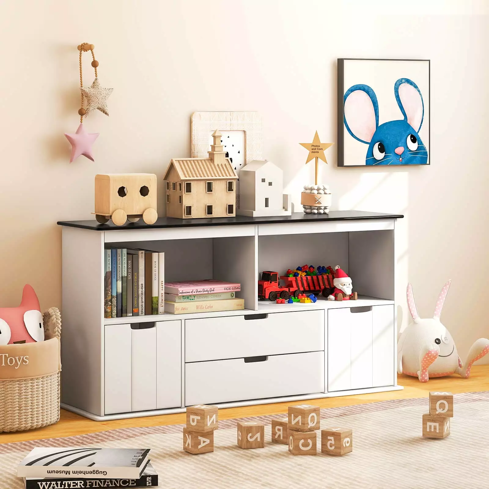 Coelon Kids Toy Storage Organizer Blackboard Top - Wooden Children Bookshelf 2 Bins White