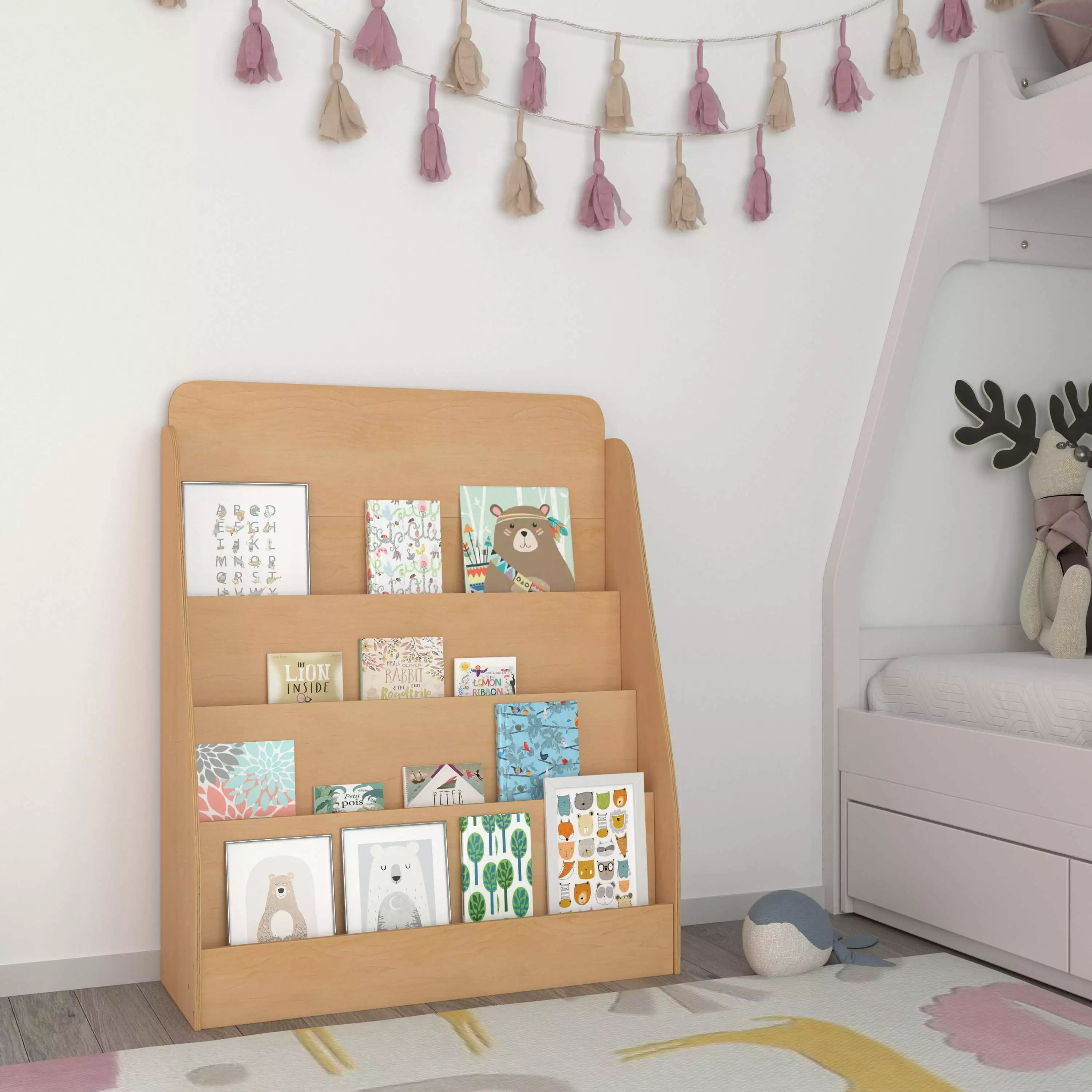 Emma + Oliver Kids Natural Wood Book Storage Shelf 4 Storage Slats