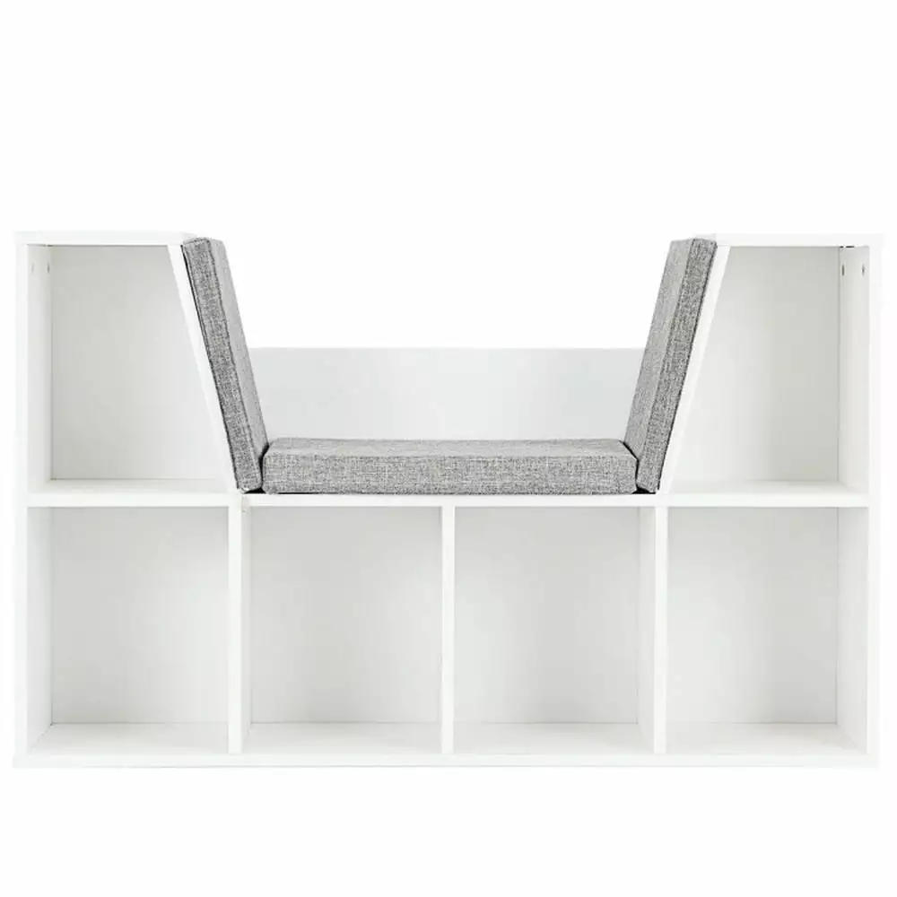 GVN 6-Cubby Kid Storage Bookcase Cushioned Reading Nook White - Toy Organizer Nursery, Boys, and Girls