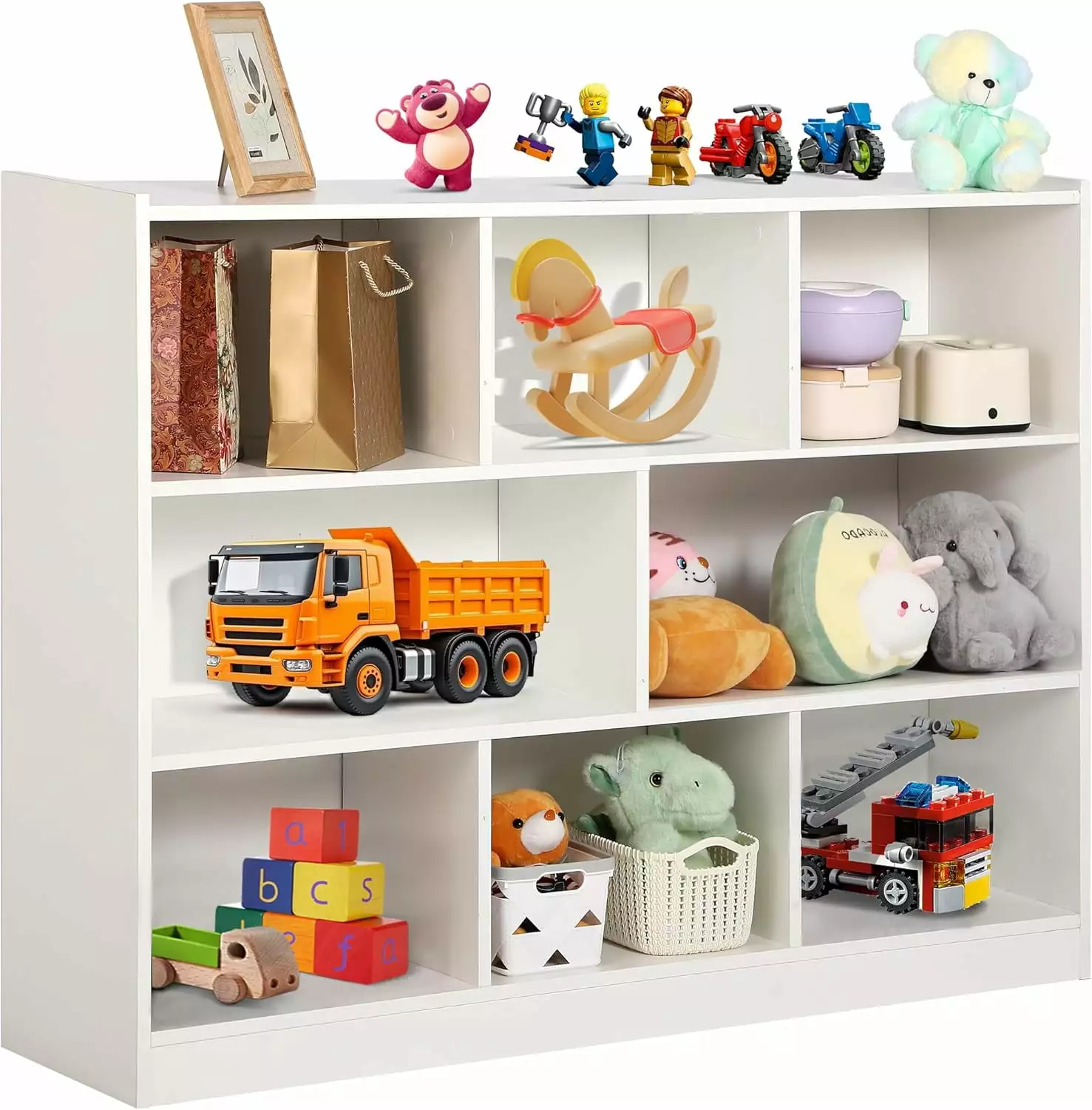 Haverchair Kids Bookshelf Toy Storage Organizer - 3 Tier 8-Section Wooden Display Shelf Playroom