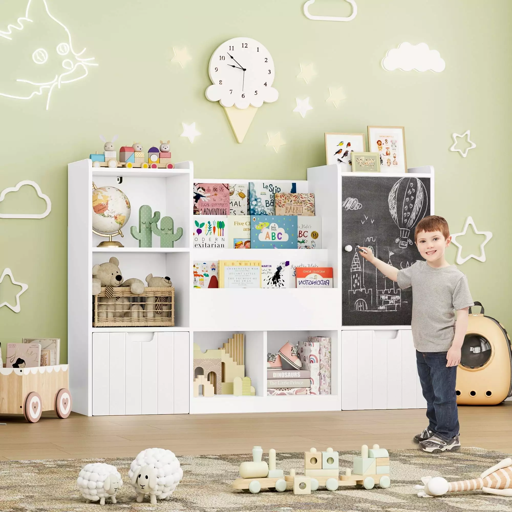 Hiphuta Kid's Toy Organizer Storage Bookcase Chalkboard 2 Removable Drawers White