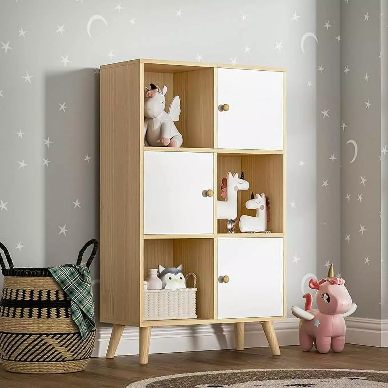 Jolly Jaunts 6 Cube Organizer Wooden 3-Tier Kids Bookshelf Doors Storage Cabinet