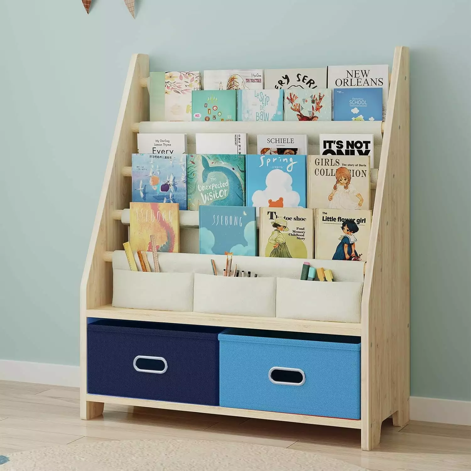 4 Tier Kids Book Shelf Wooden Book Rack Storage Bookshelf Toy Storage Organizer Toddler Sling Bookshelf Boys Girls B&B Cha...