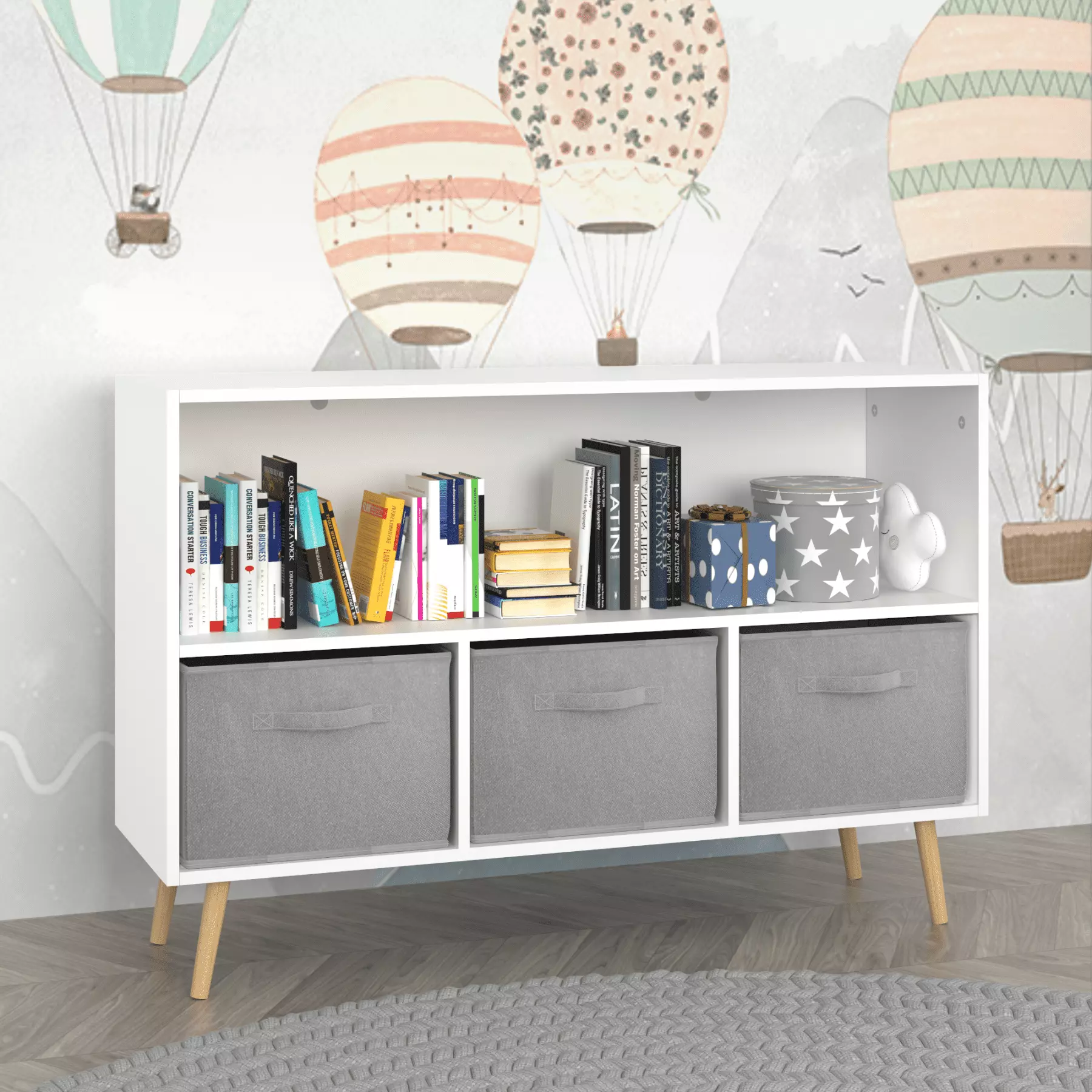 Newboti Furniture Kids Bookcase Collapsible Fabric Drawers Children's Toy Storage Cabinet Organizer White Gray