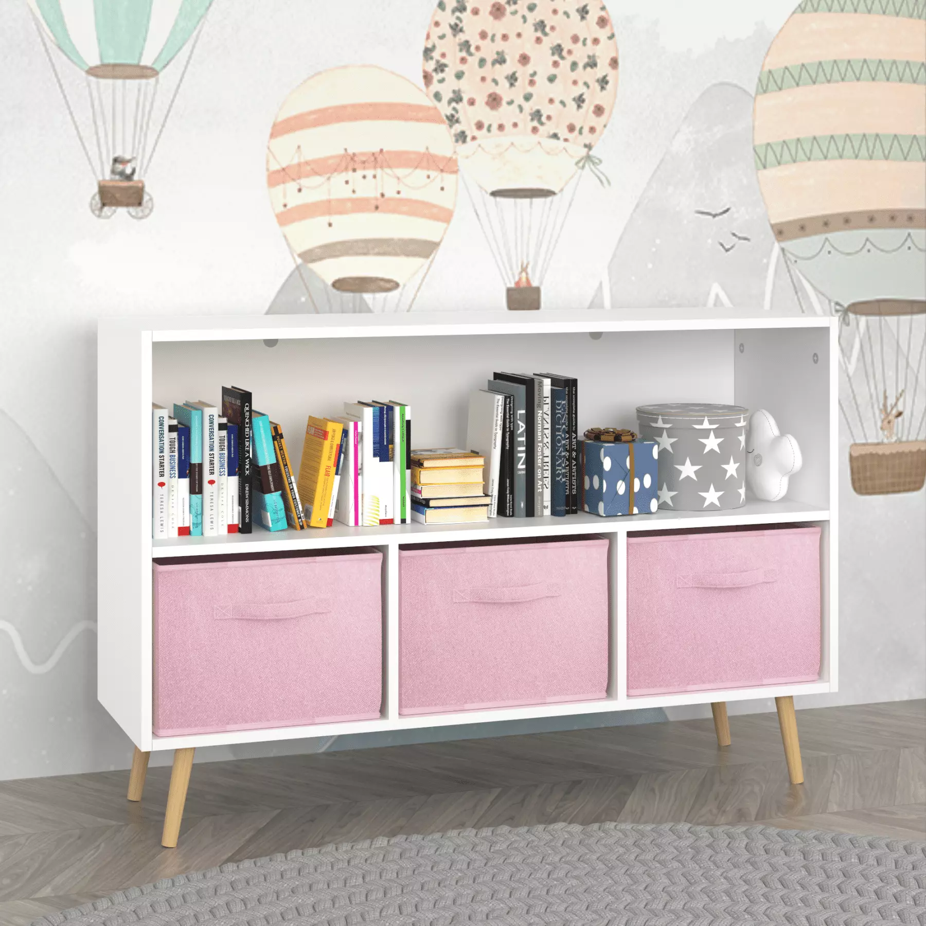 Newboti Furniture Kids Bookcase Collapsible Fabric Drawers Children's Toy Storage Cabinet Organizer White Pink