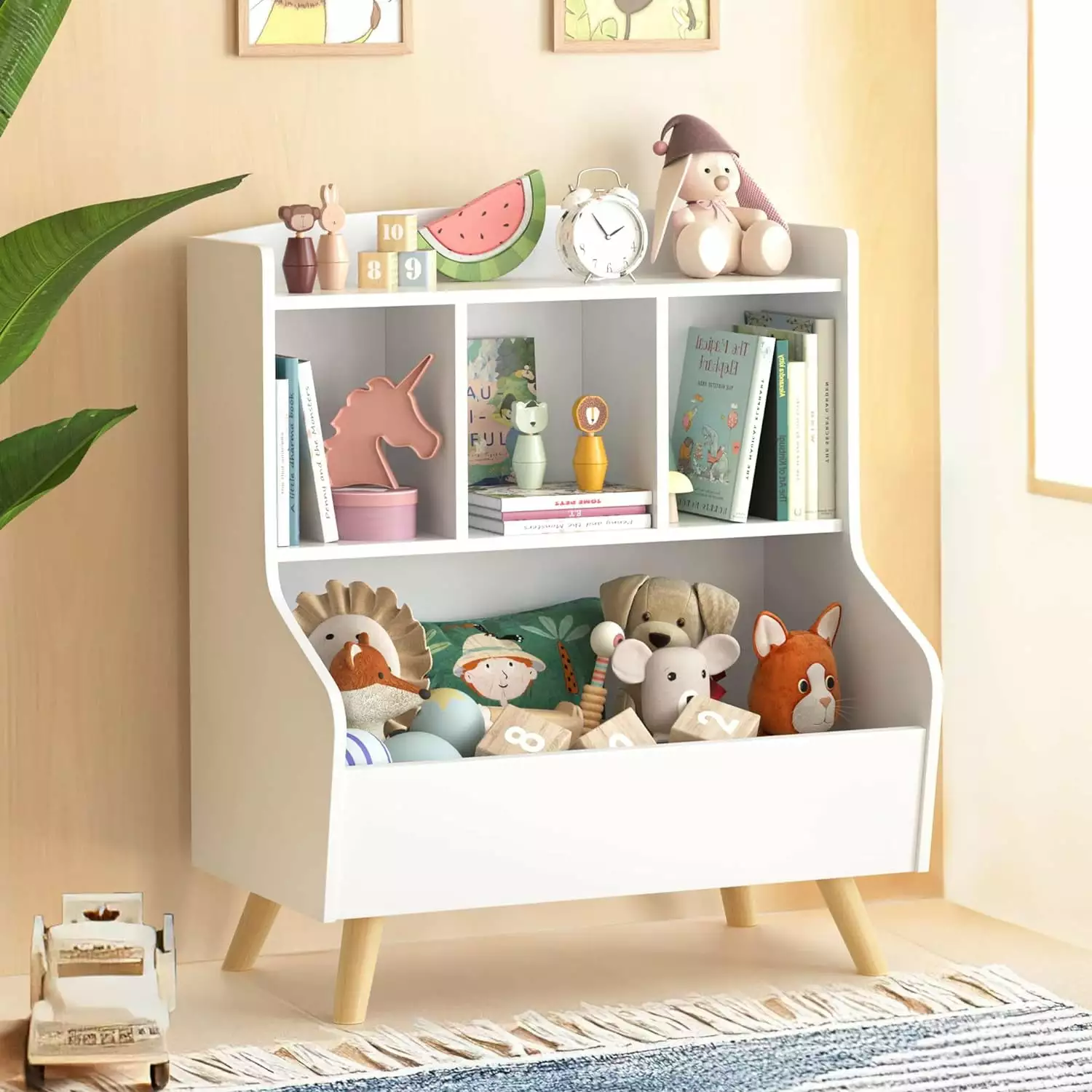 Kids Bookshelf and Toy Storage 3-Tier Wooden Open Bookcase Baby Book and Toy Display Organizer Spacious Top Shelf ZJ
