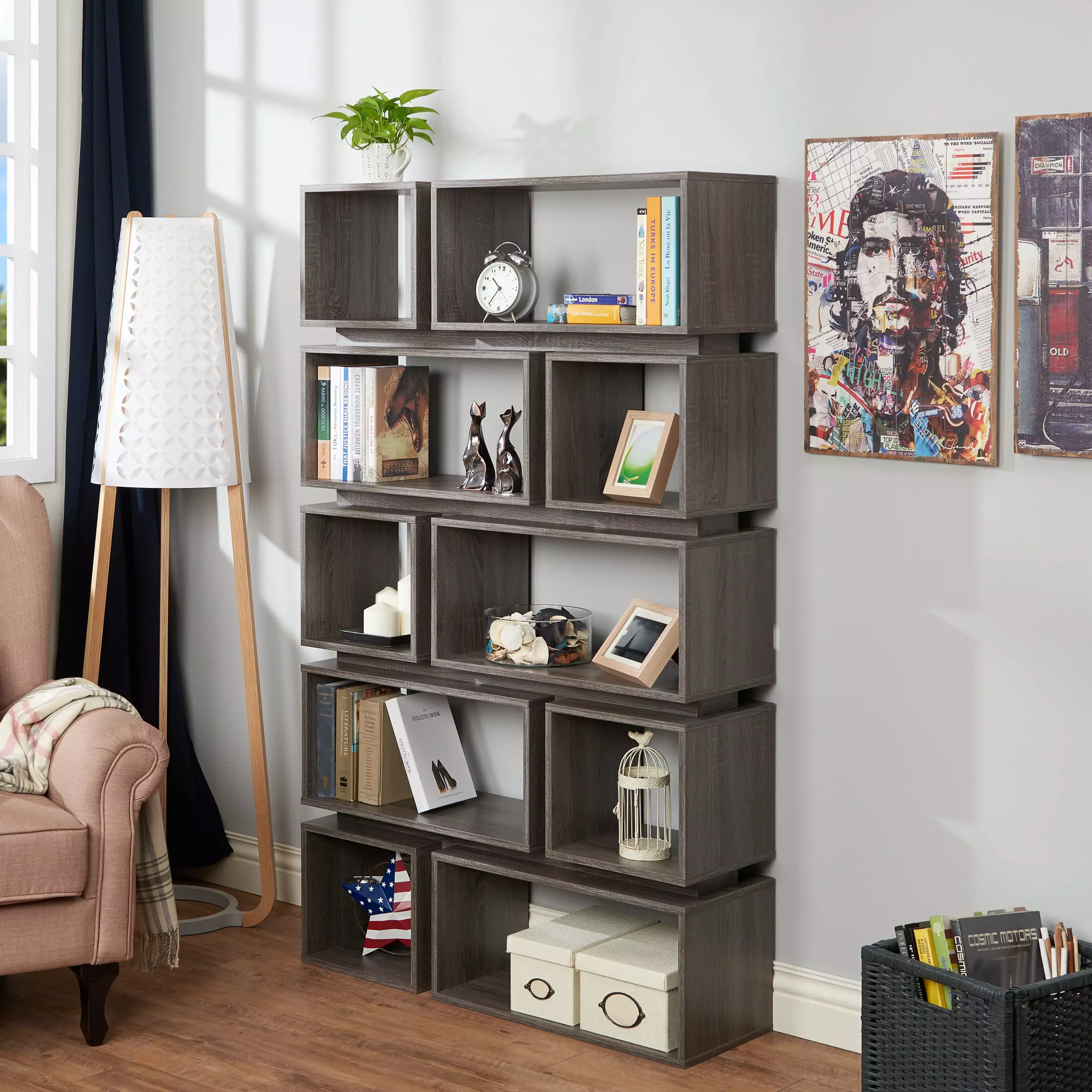 24/7 Shop At Home Mod Modern Wood Open-Back Bookcase Display Shelf Room Divider Distressed Gray
