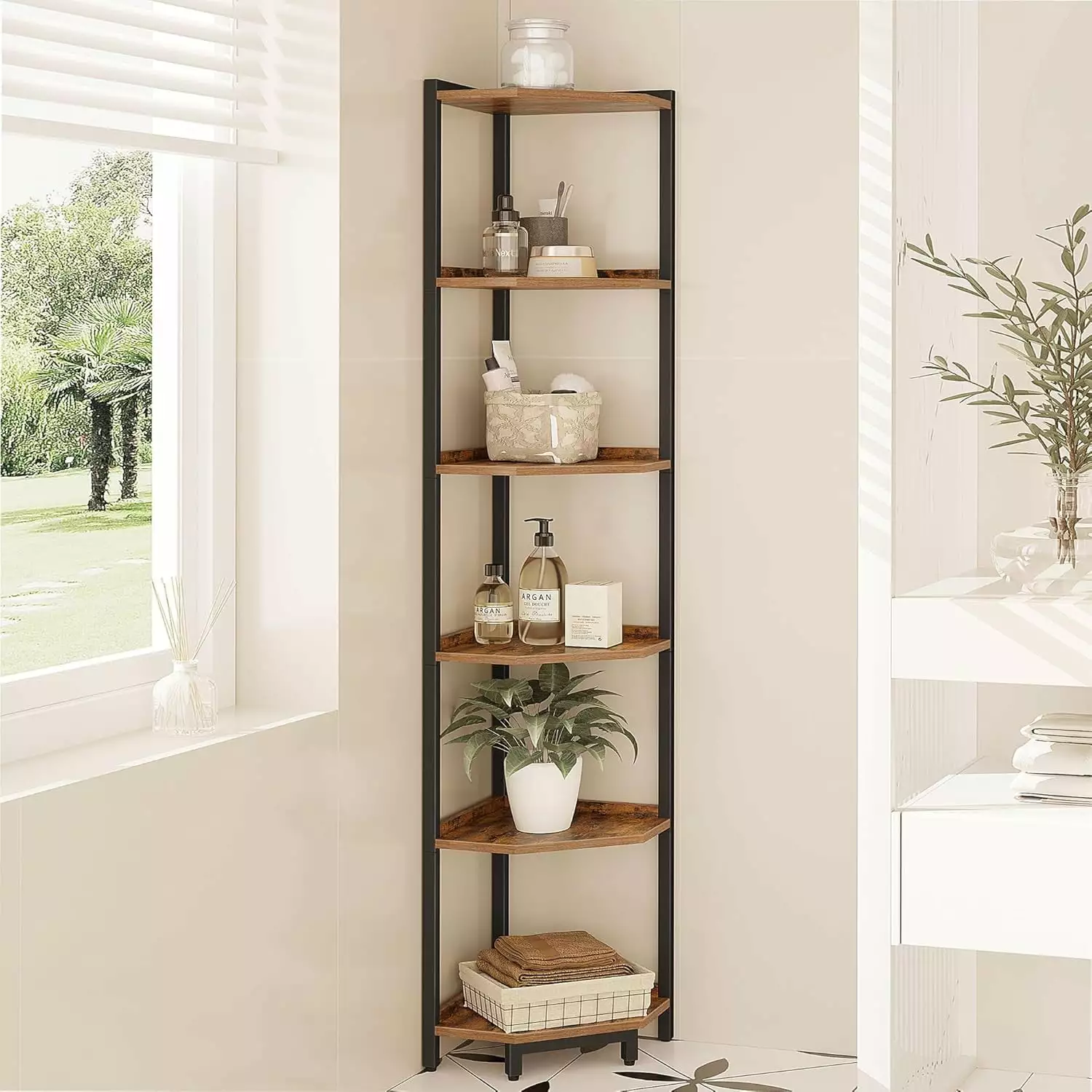 Corner Shelf Stand 6-Tier Rustic Brown Metal Frame Bookcase Living Room Home Office A&A Manufacturing
