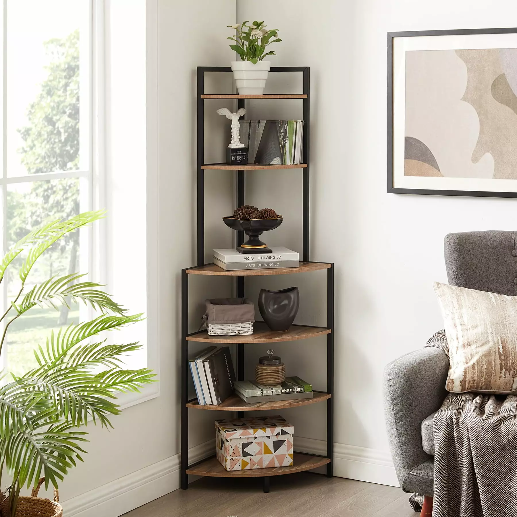 6-Tier Corner Open Shelf Metal Frame Storage Stand Modern Wood Rack Bookshelf Living Room Home Office Brown Adigau