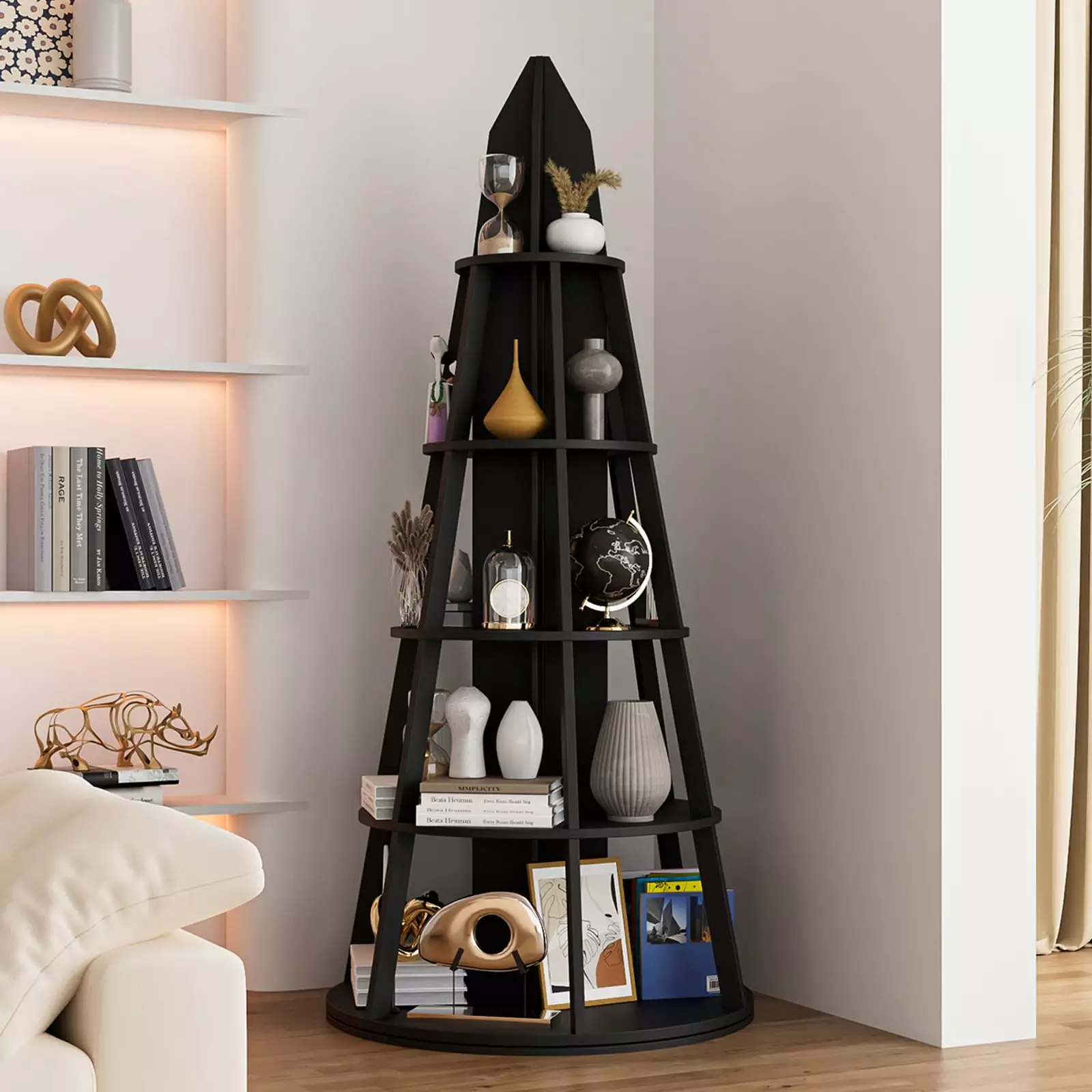 5 Tier Rotating Bookshelf Tower 71 Corner Bookshelf Bedroom Living Room Revolving Book Shelf Storage Round Carousel Wood B...