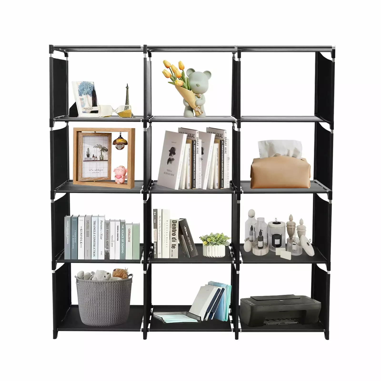 ALSO GO 12 Cube Storage Organizer DIY Bookcase Metal Cube Shelf Non-Woven Fabric Black