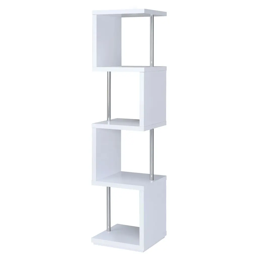 Baxter 4-Shelf Bookcase White and Chrome Modern Bookshelf