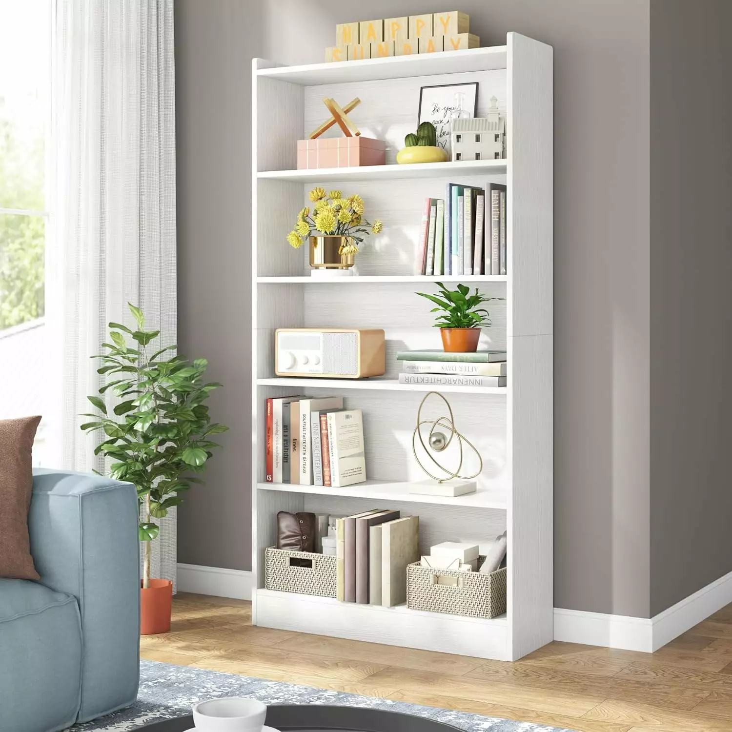 72-inch Modern 6-Tier White Library Bookshelf Storage Shelves Bedroom Living Room Office B&B Charcoal