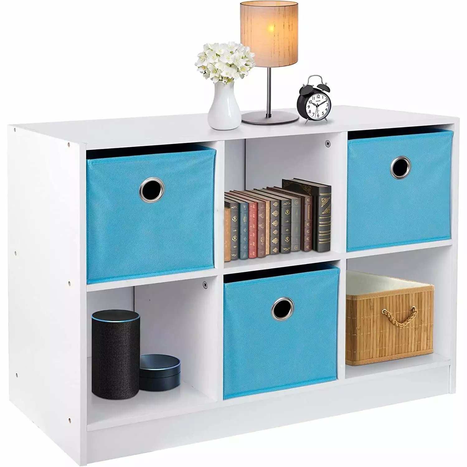 6 Cube Storage Organizer 3x2 Wooden Bookcase 3 Bins Toy Storage Cabinet White Light Blue Bilot