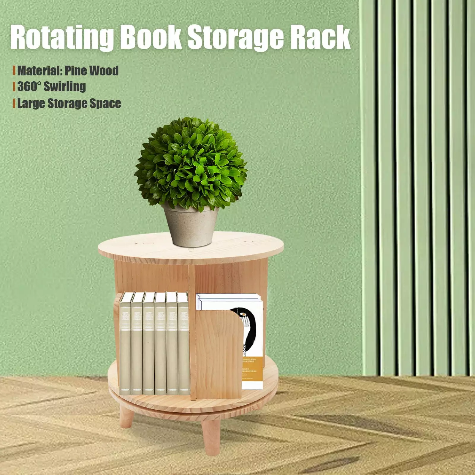 12.2in H Bookcase 1-layer Pine Wood Storage Rack Organizer Kids Adults Rotating Display CNCEST
