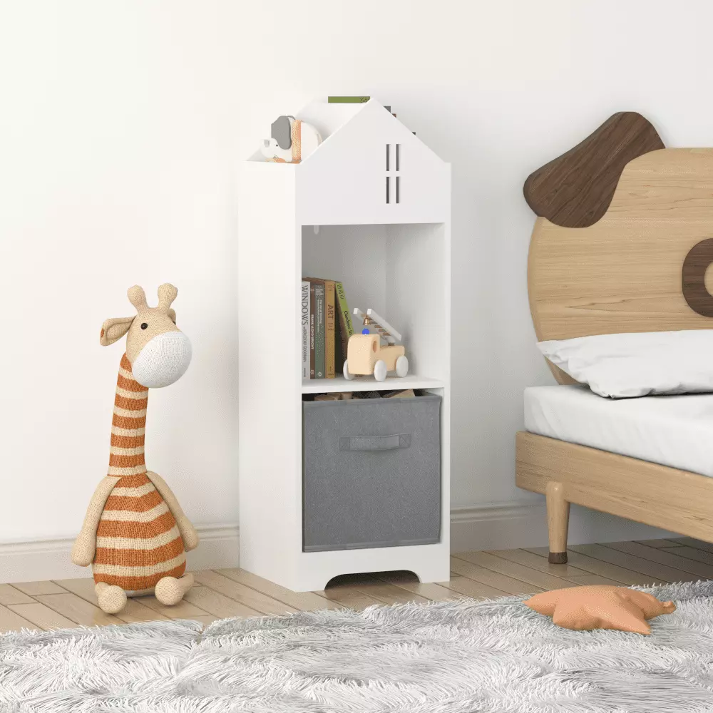 DeeHome Kids Dollhouse Bookcase 2-Tier Storage Display Organizer Fabric Drawers Bedroom Playroom