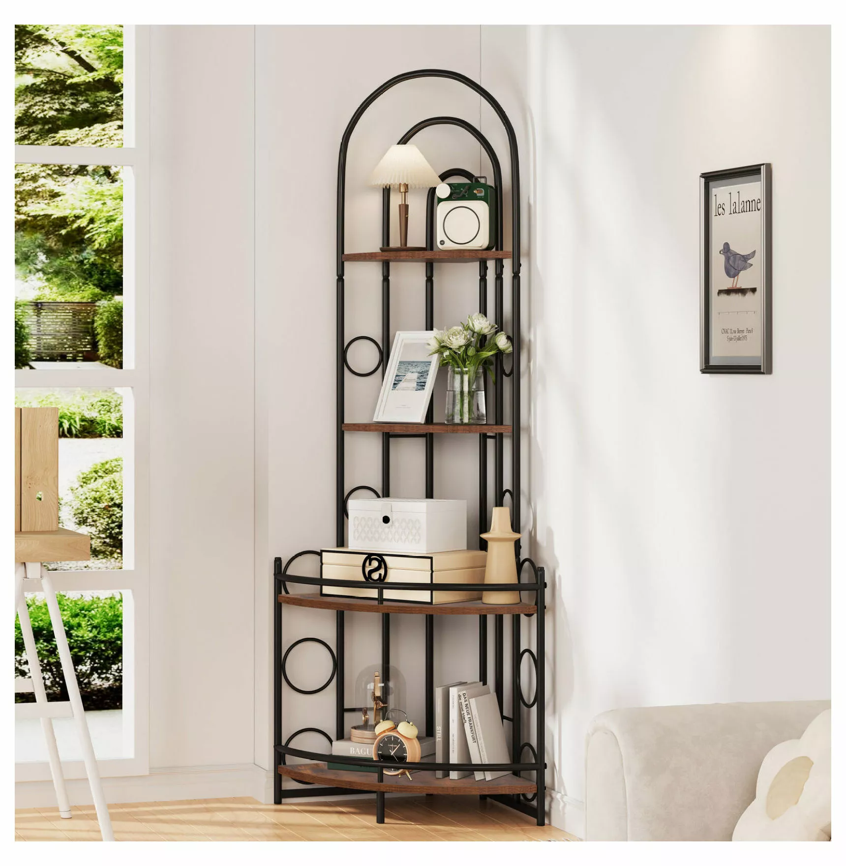 4-Tier Corner Shelf Wood Display Bookshelf Metal Frame Home Office Depot Esh