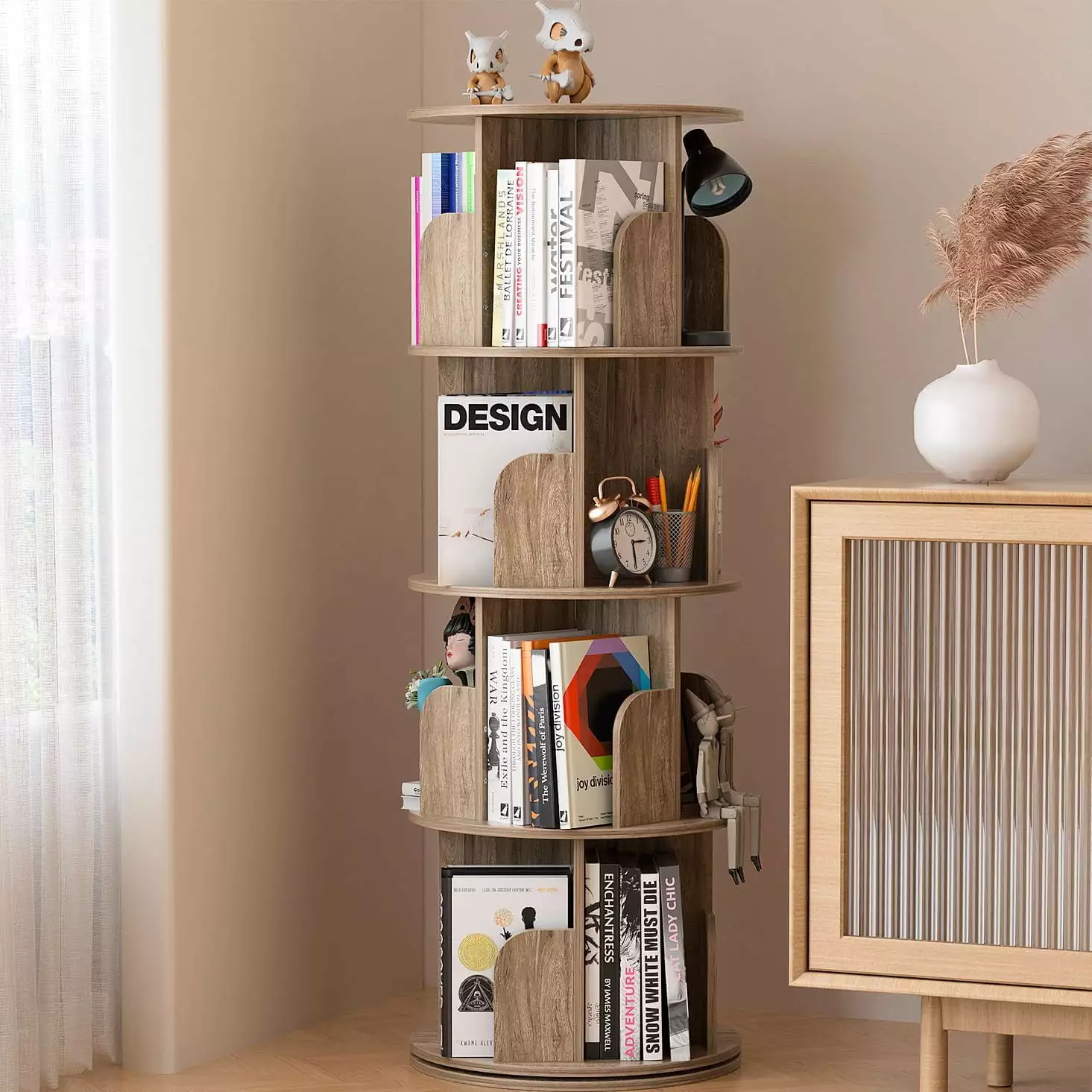 4 Tier Rotating Bookshelf 360° Revolving Bookcase Wood Stackable Shelves Floor-Standing Storage Display Rack Bedroom Livi...